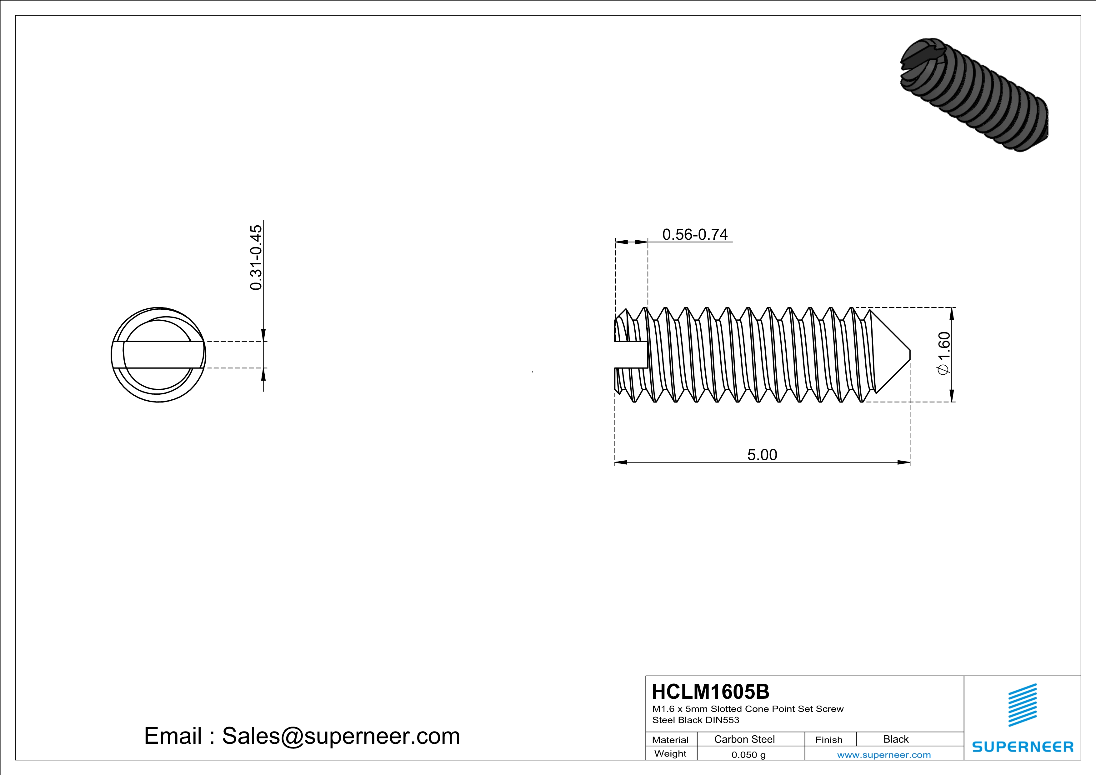 M1.6 x 5mm Slotted Cone Point Set Screw Steel Black DIN553