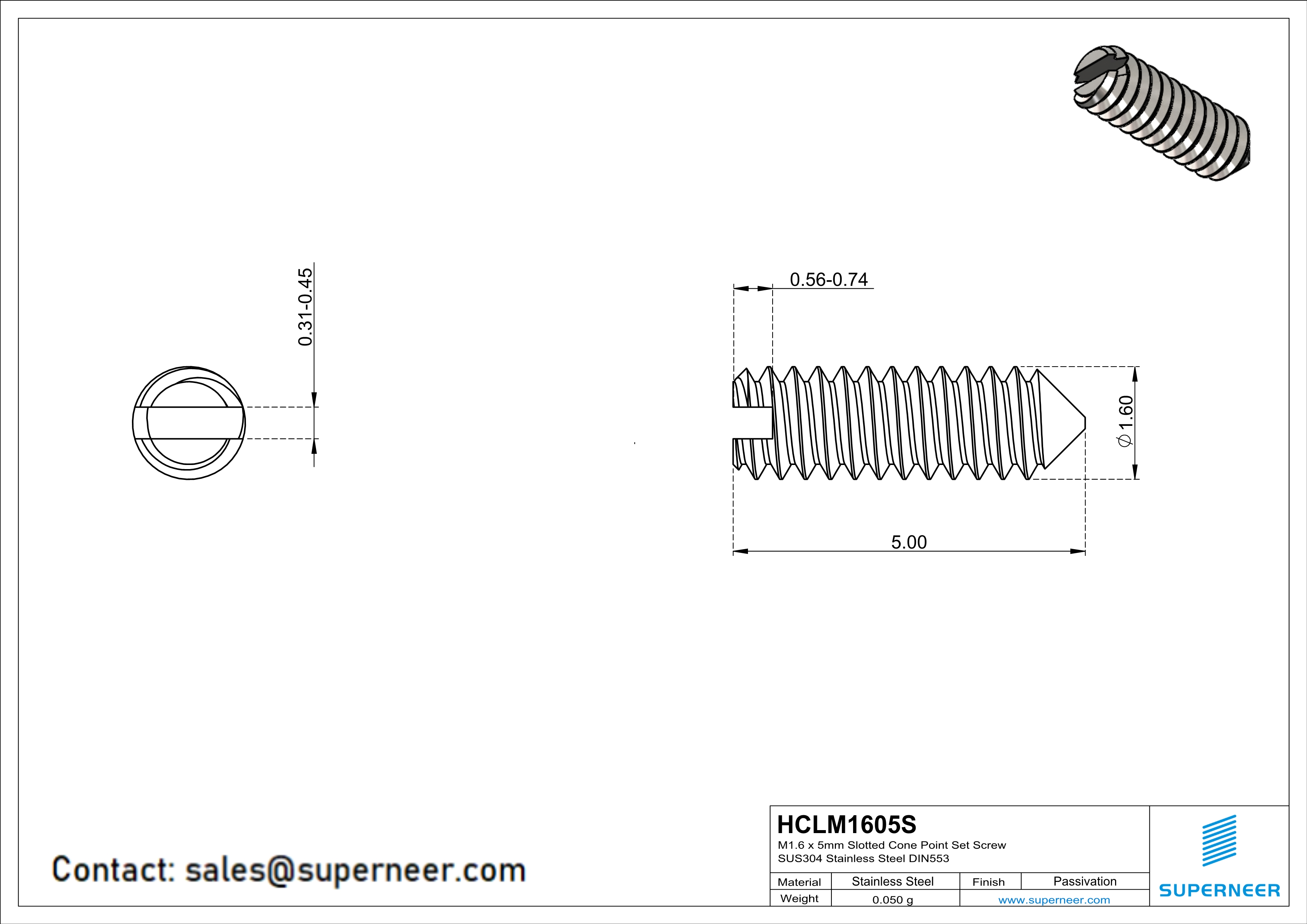 M1.6 x 5mm Slotted Cone Point Set Screw SUS304 Stainless Steel Inox DIN553