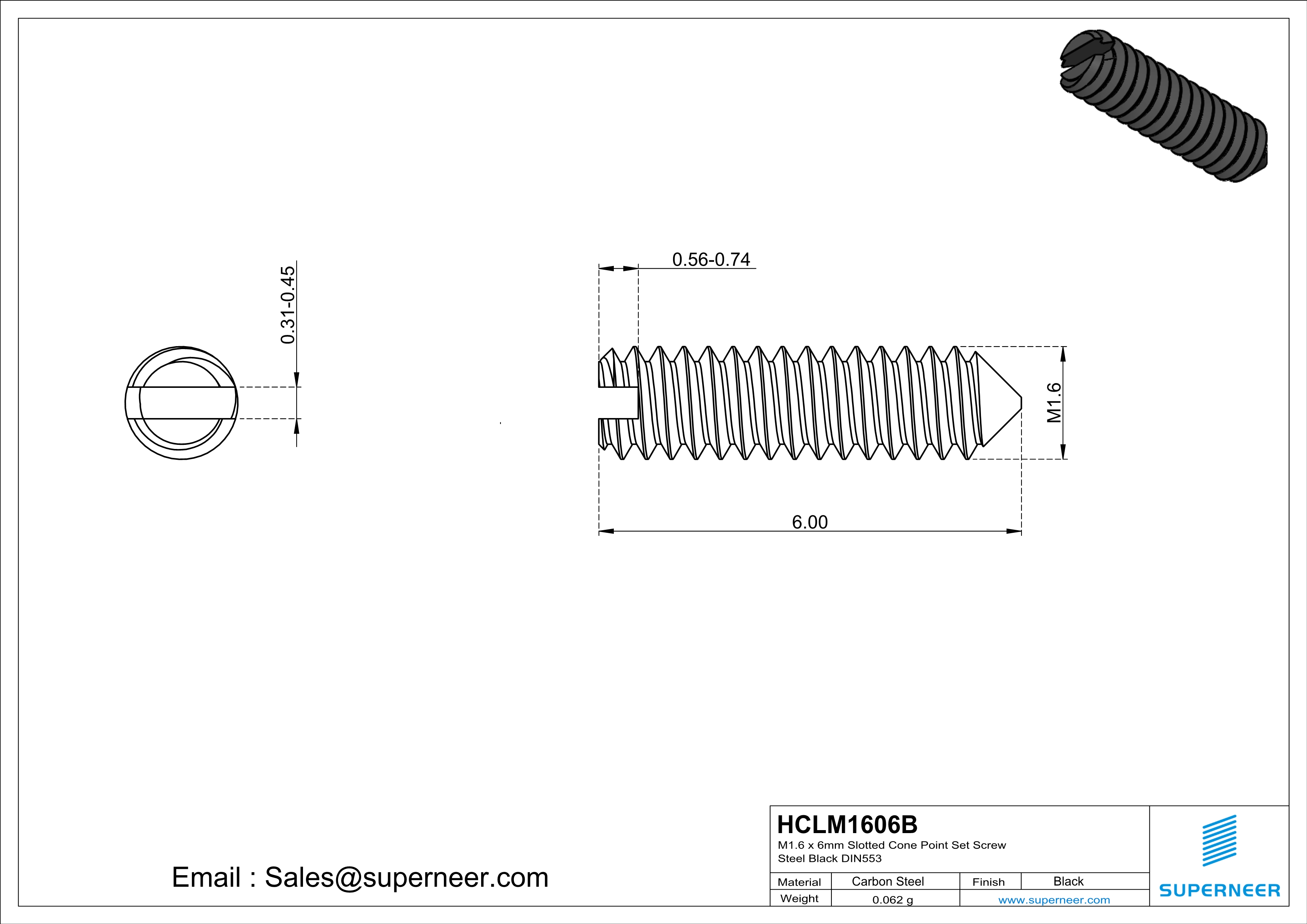 M1.6 x 6mm Slotted Cone Point Set Screw Steel Black DIN553