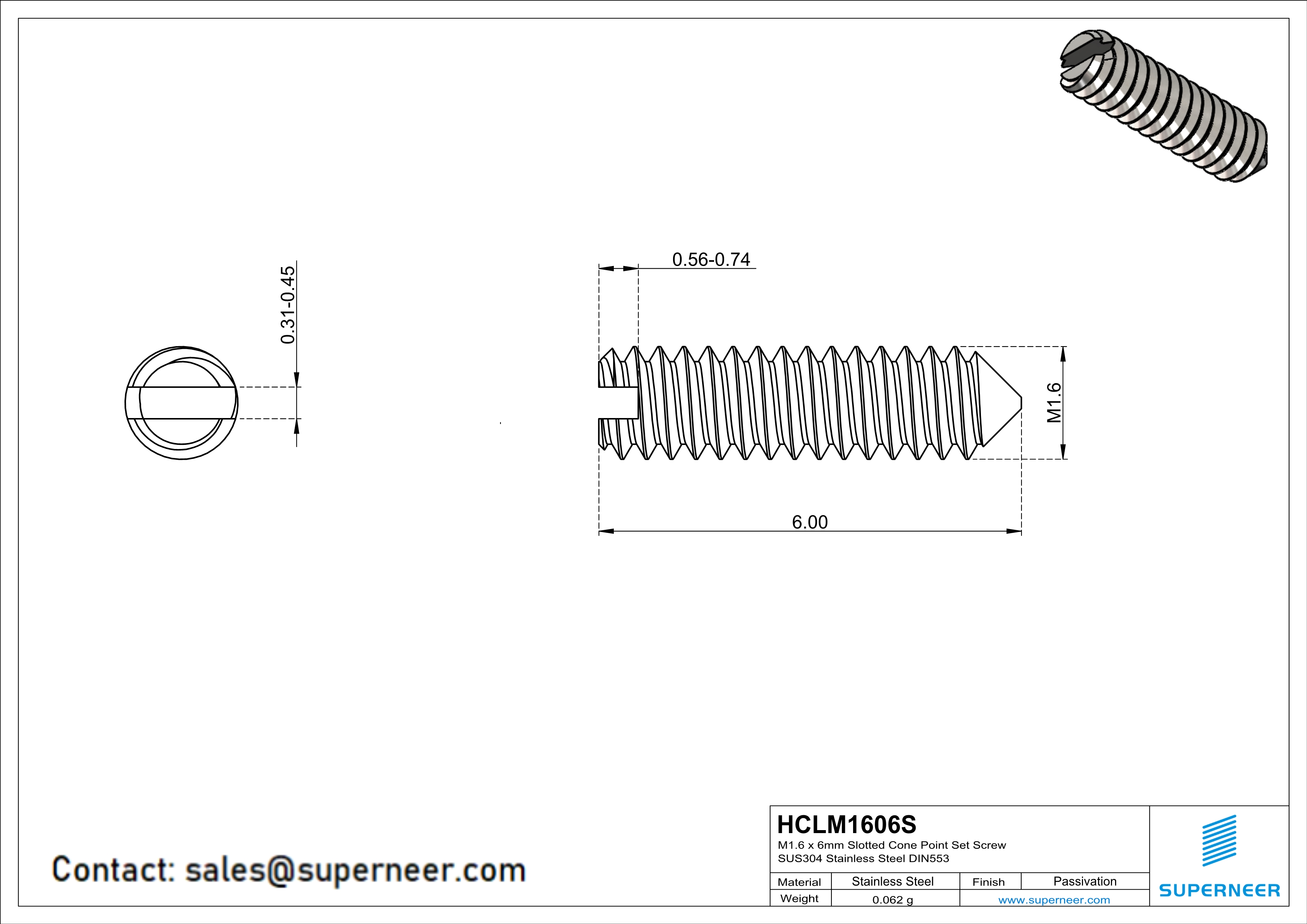 M1.6 x 6mm Slotted Cone Point Set Screw SUS304 Stainless Steel Inox DIN553