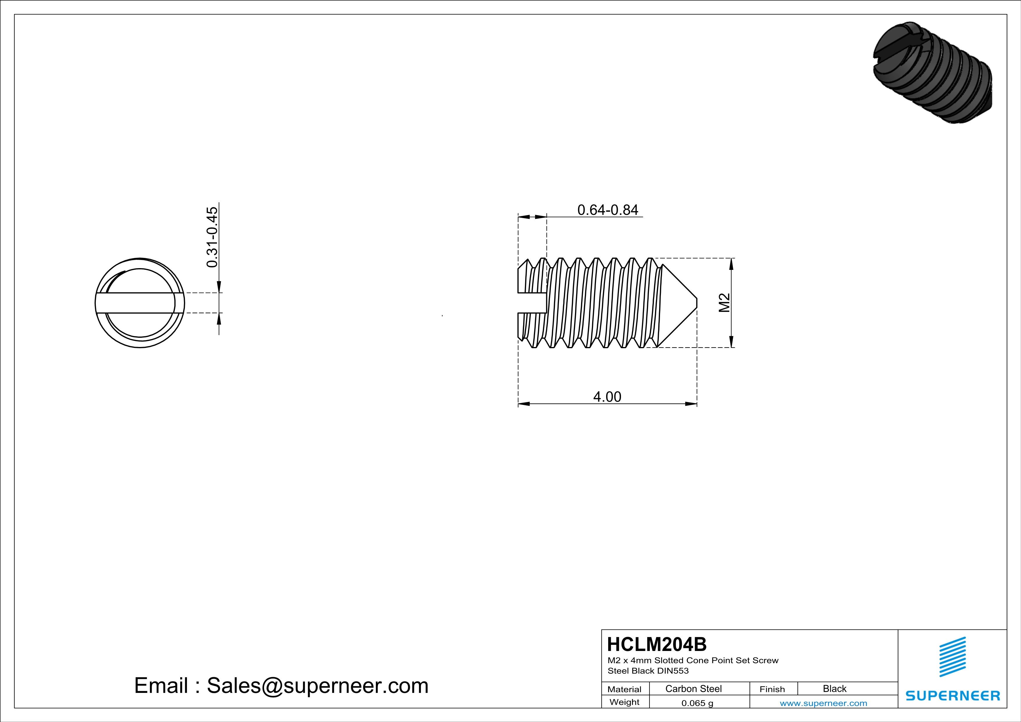 M2 x 4mm Slotted Cone Point Set Screw Steel Black DIN553