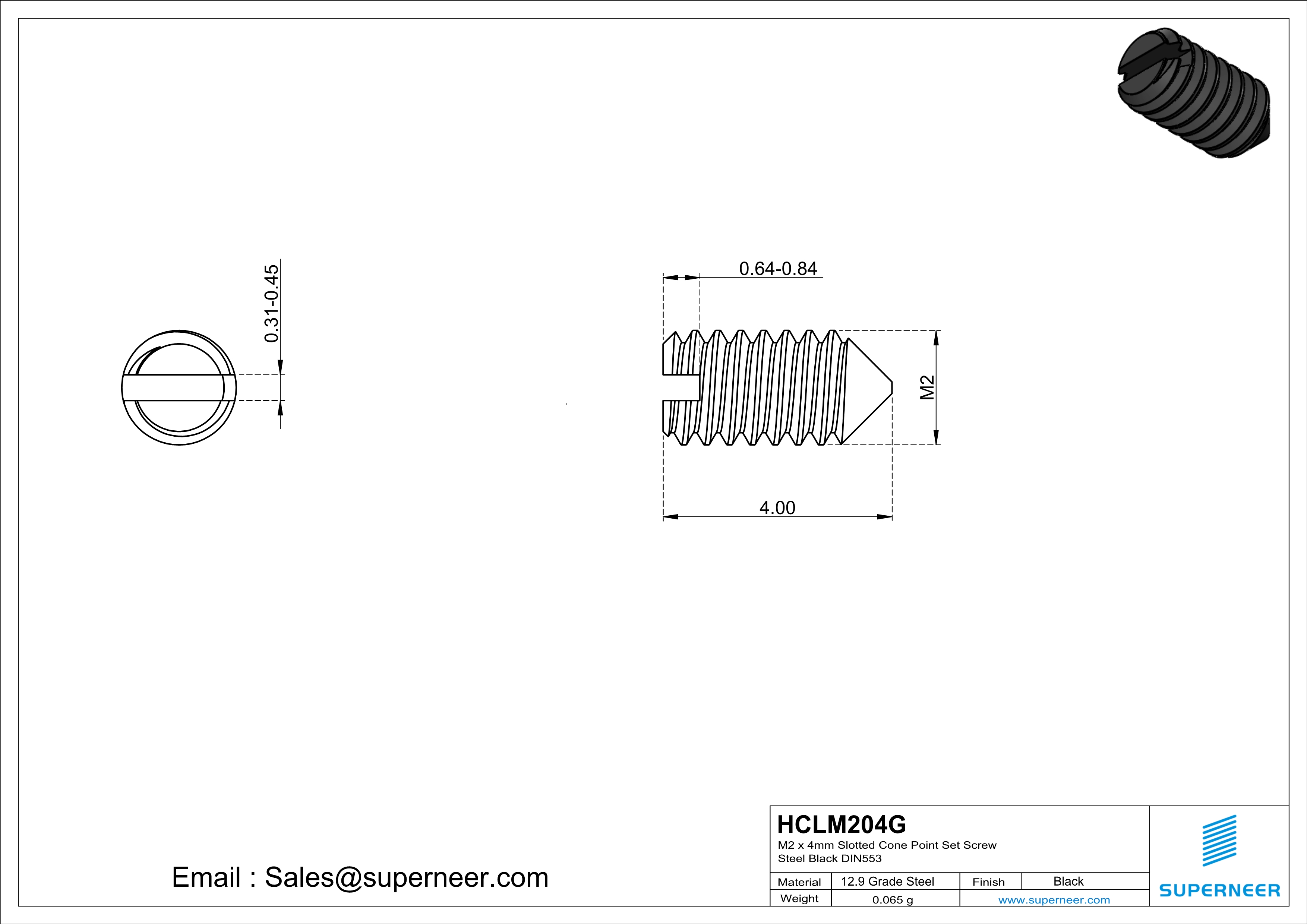 M2 x 4mm Slotted Cone Point Set Screw 12.9 Carbon Steel Black DIN553