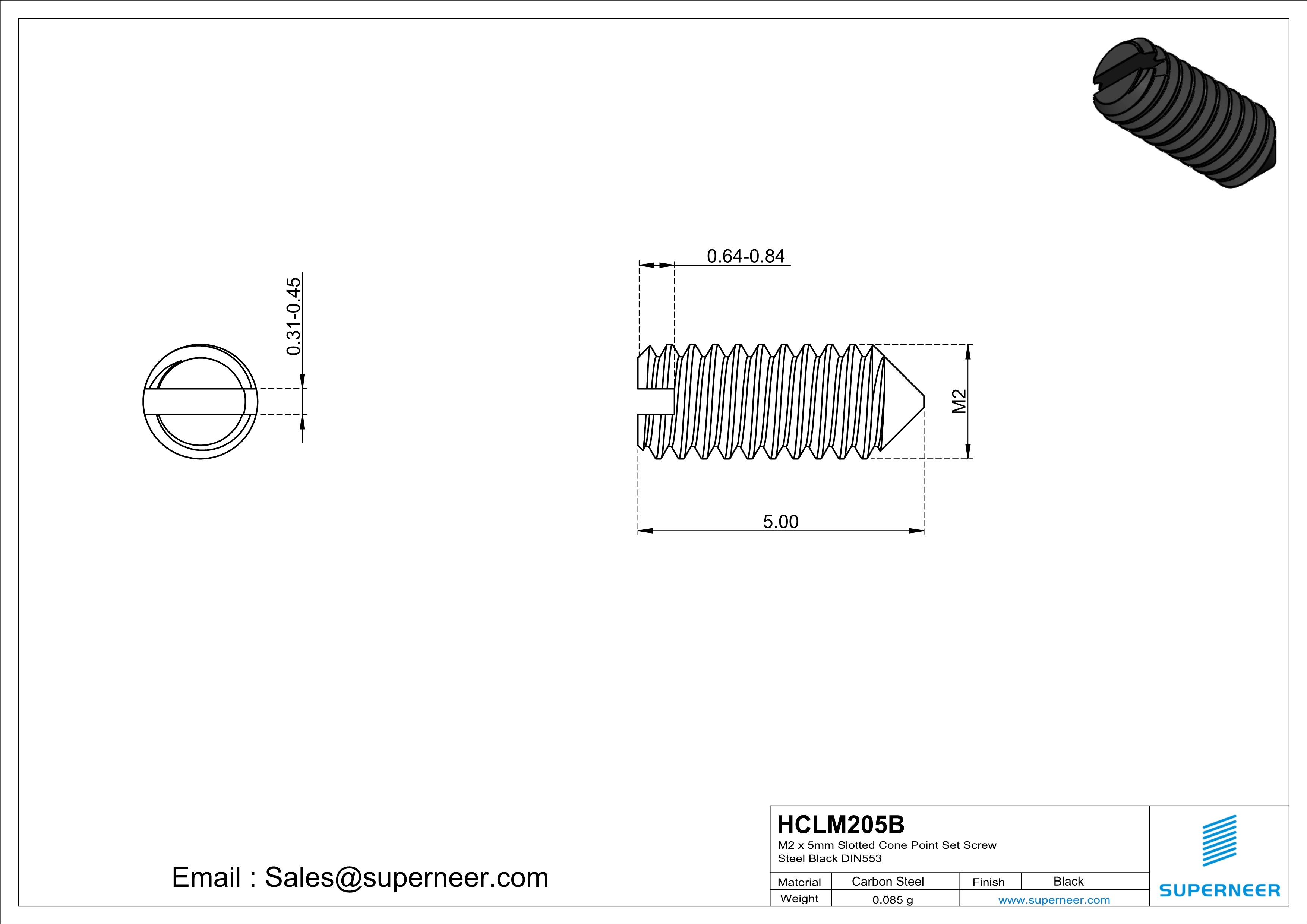 M2 x 5mm Slotted Cone Point Set Screw Steel Black DIN553