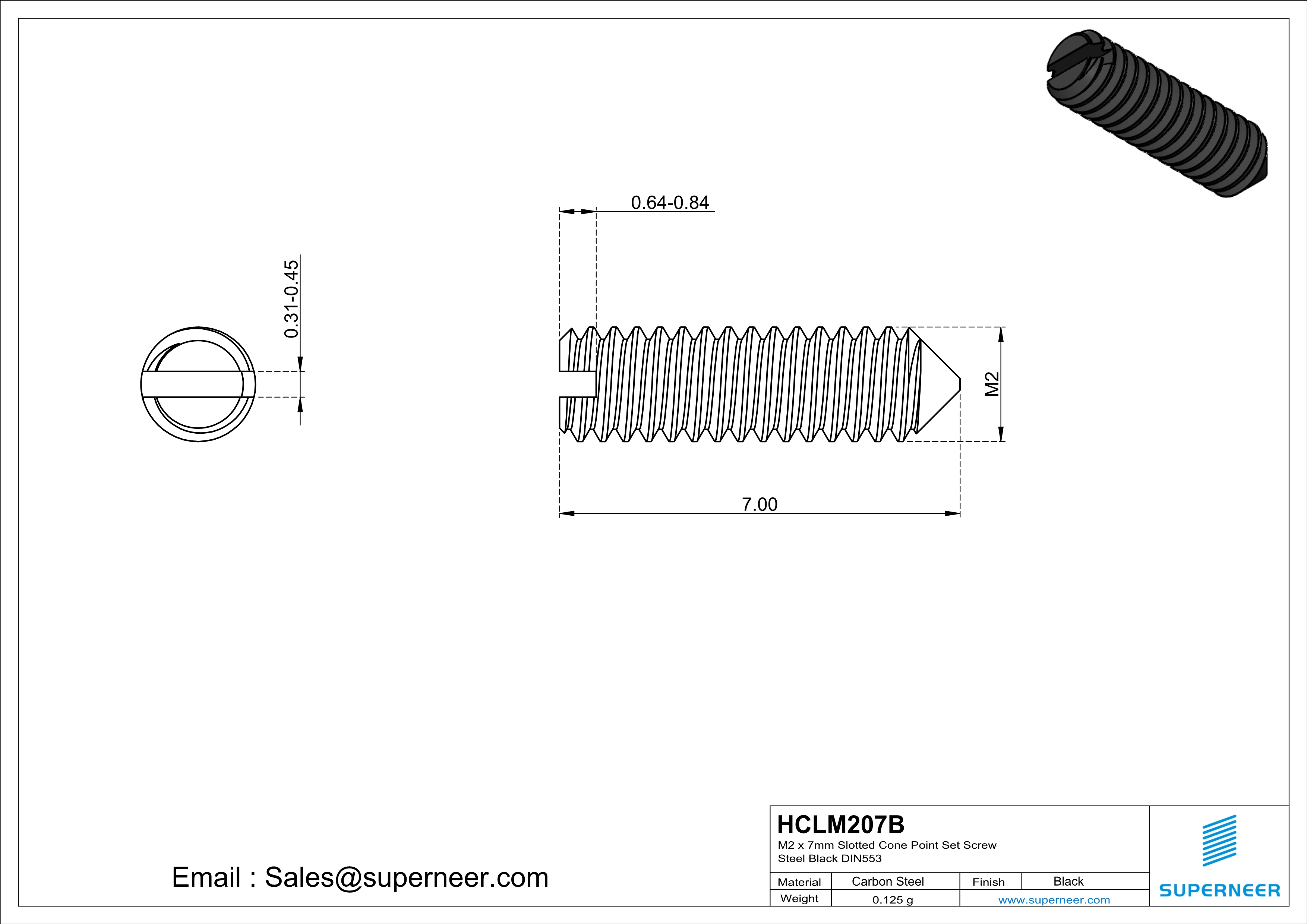 M2 x 7mm Slotted Cone Point Set Screw Steel Black DIN553