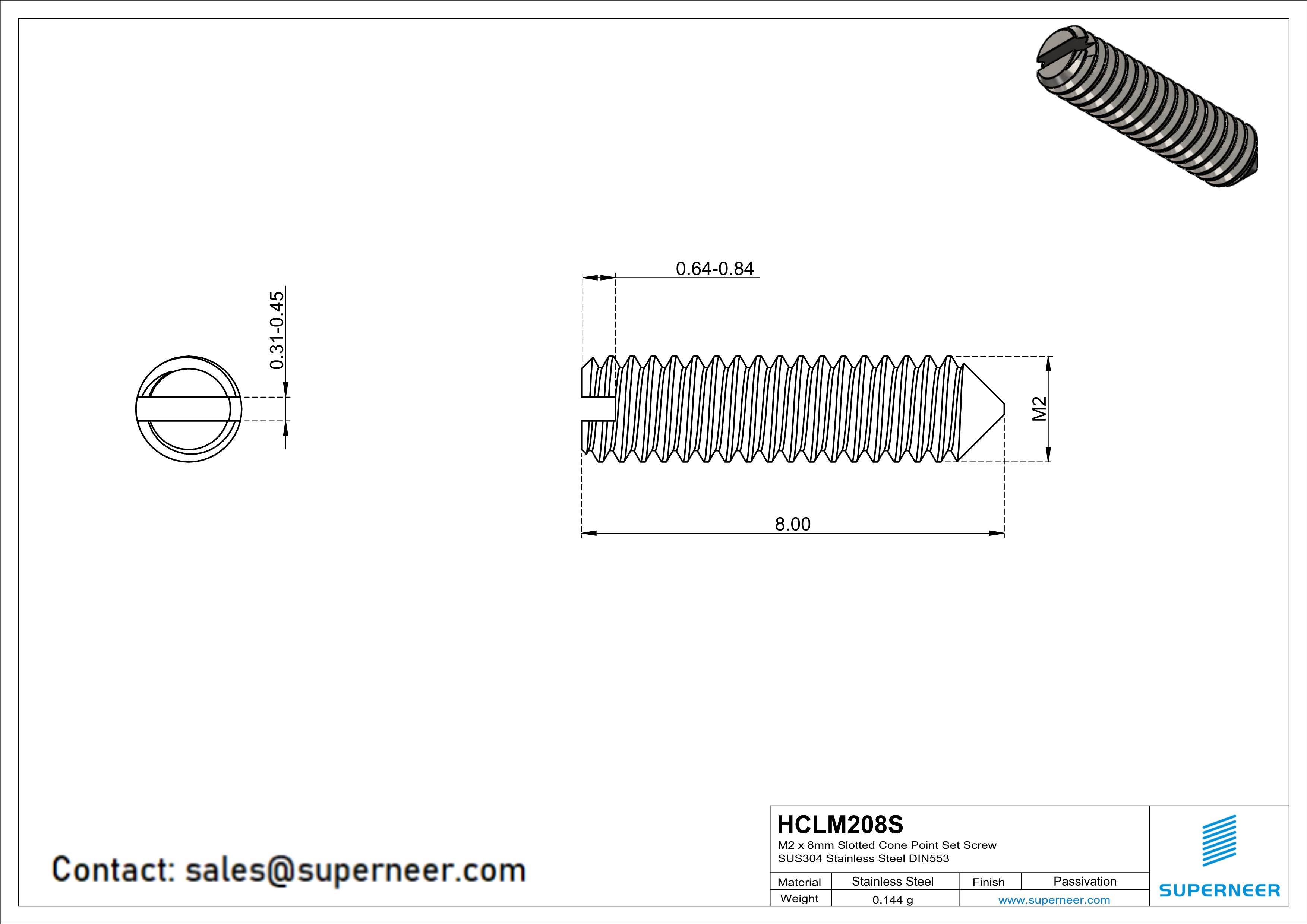 M2 x 8mm Slotted Cone Point Set Screw SUS304 Stainless Steel Inox DIN553