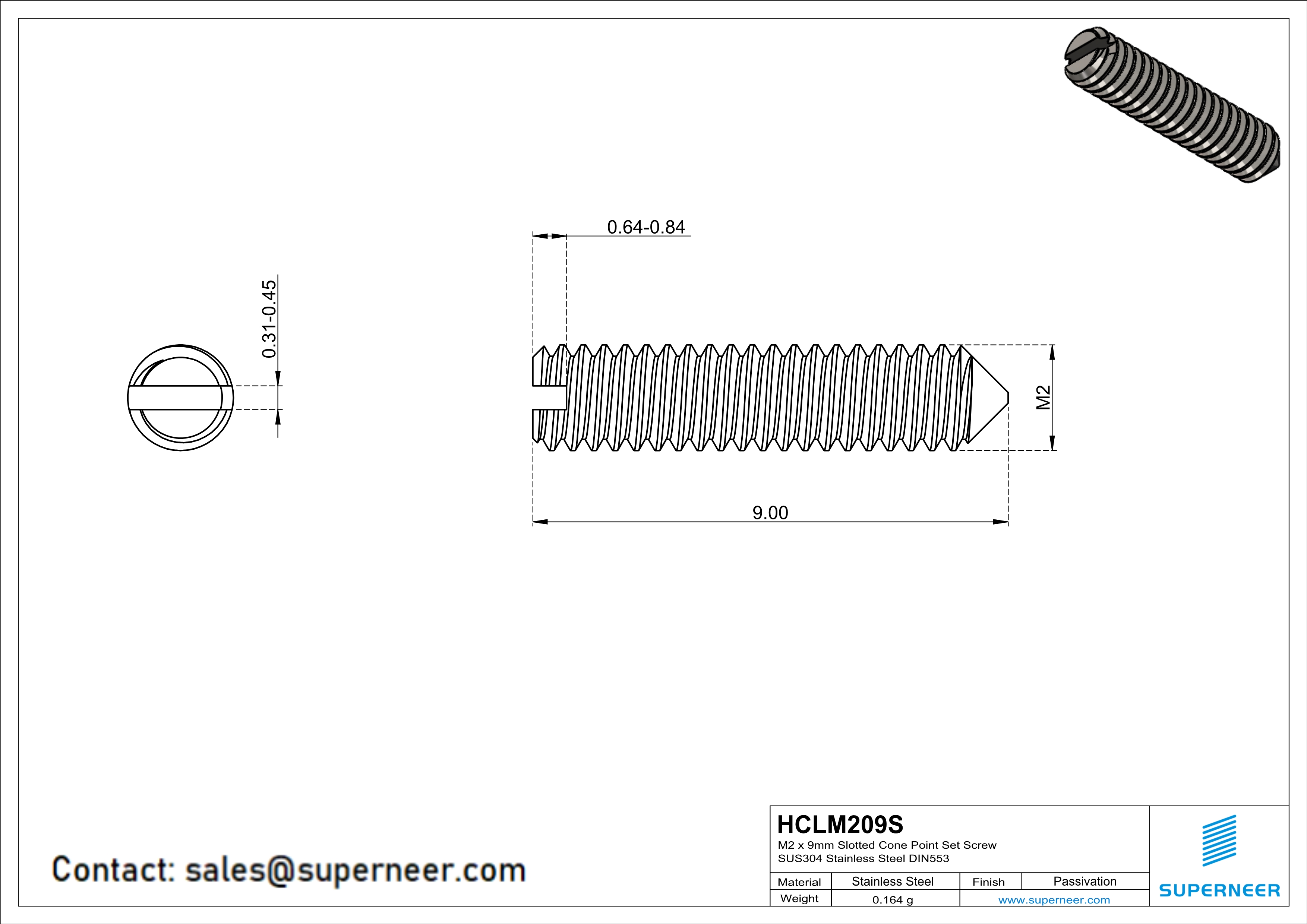 M2 x 9mm Slotted Cone Point Set Screw SUS304 Stainless Steel Inox DIN553