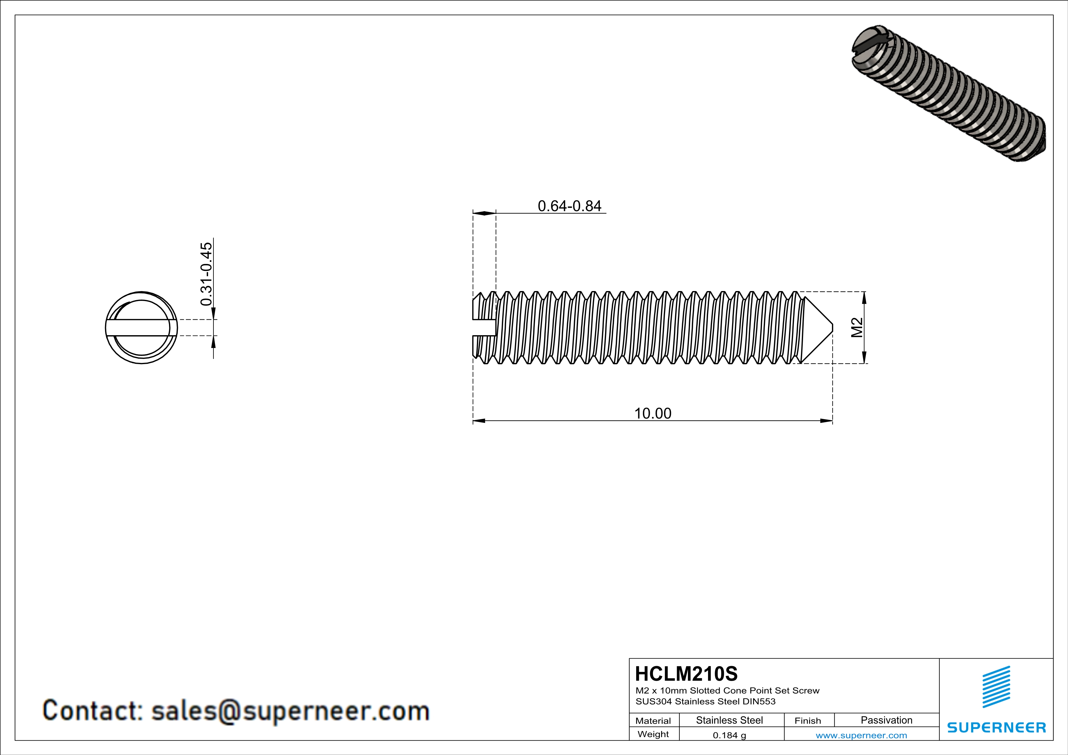 M2 x 10mm Slotted Cone Point Set Screw SUS304 Stainless Steel Inox DIN553