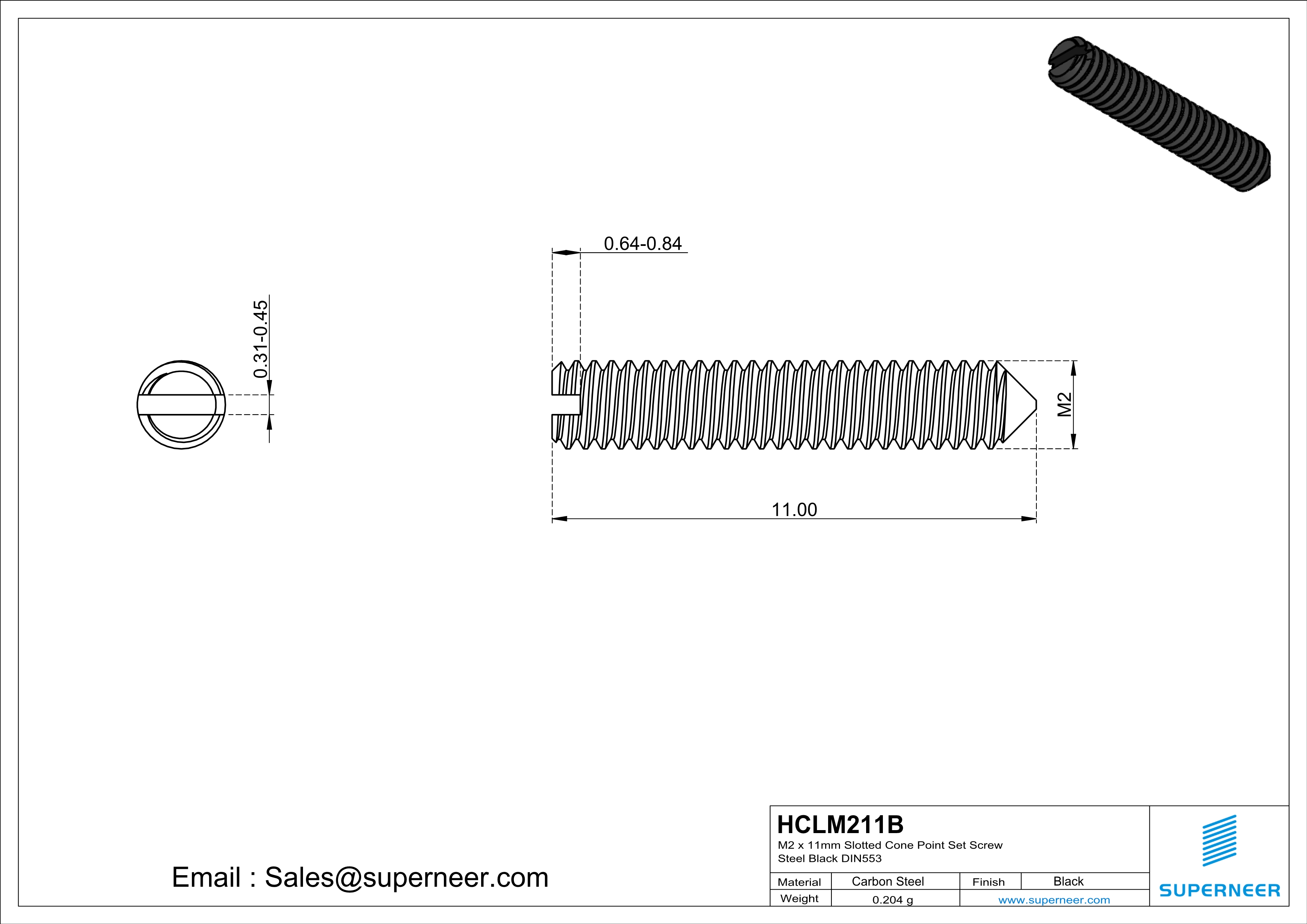 M2 x 11mm Slotted Cone Point Set Screw Steel Black DIN553