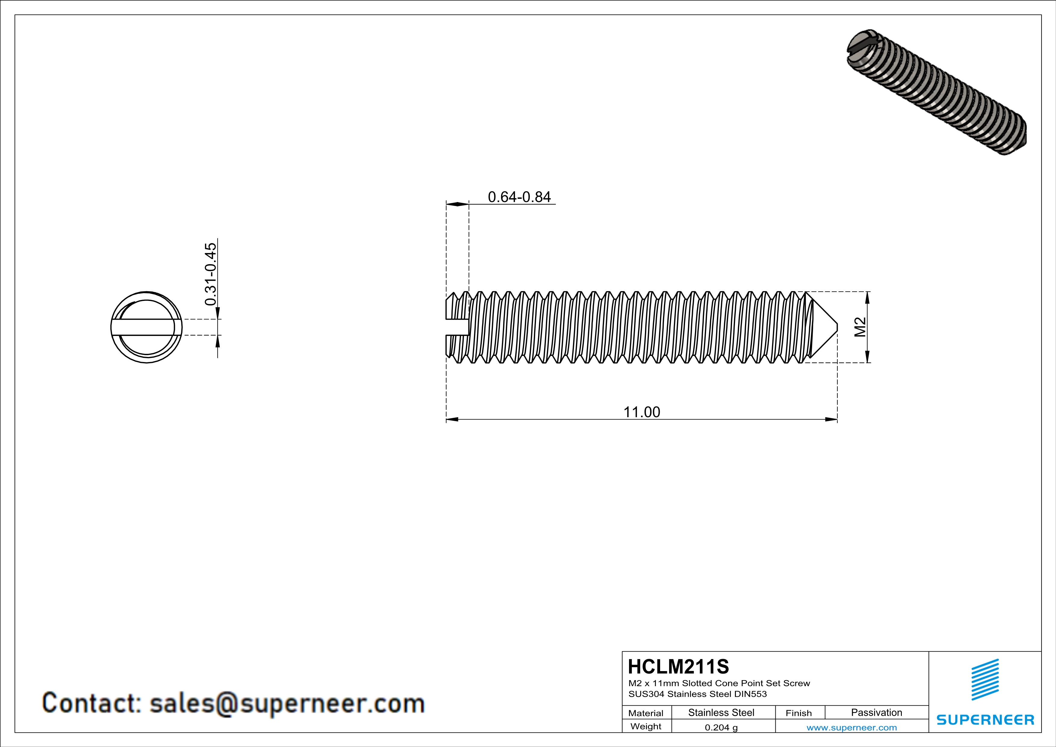 M2 x 11mm Slotted Cone Point Set Screw SUS304 Stainless Steel Inox DIN553