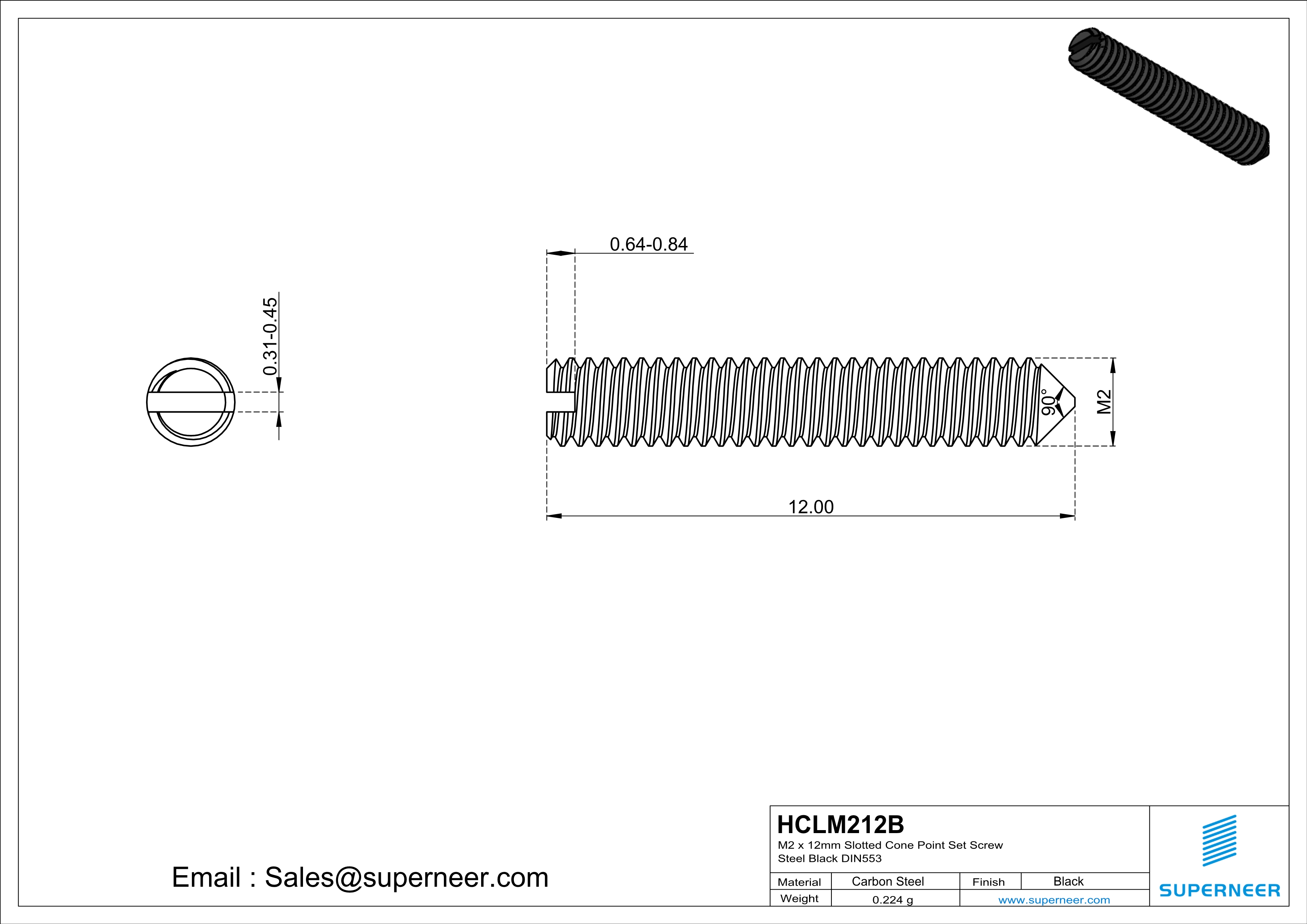 M2 x 12mm Slotted Cone Point Set Screw Steel Black DIN553