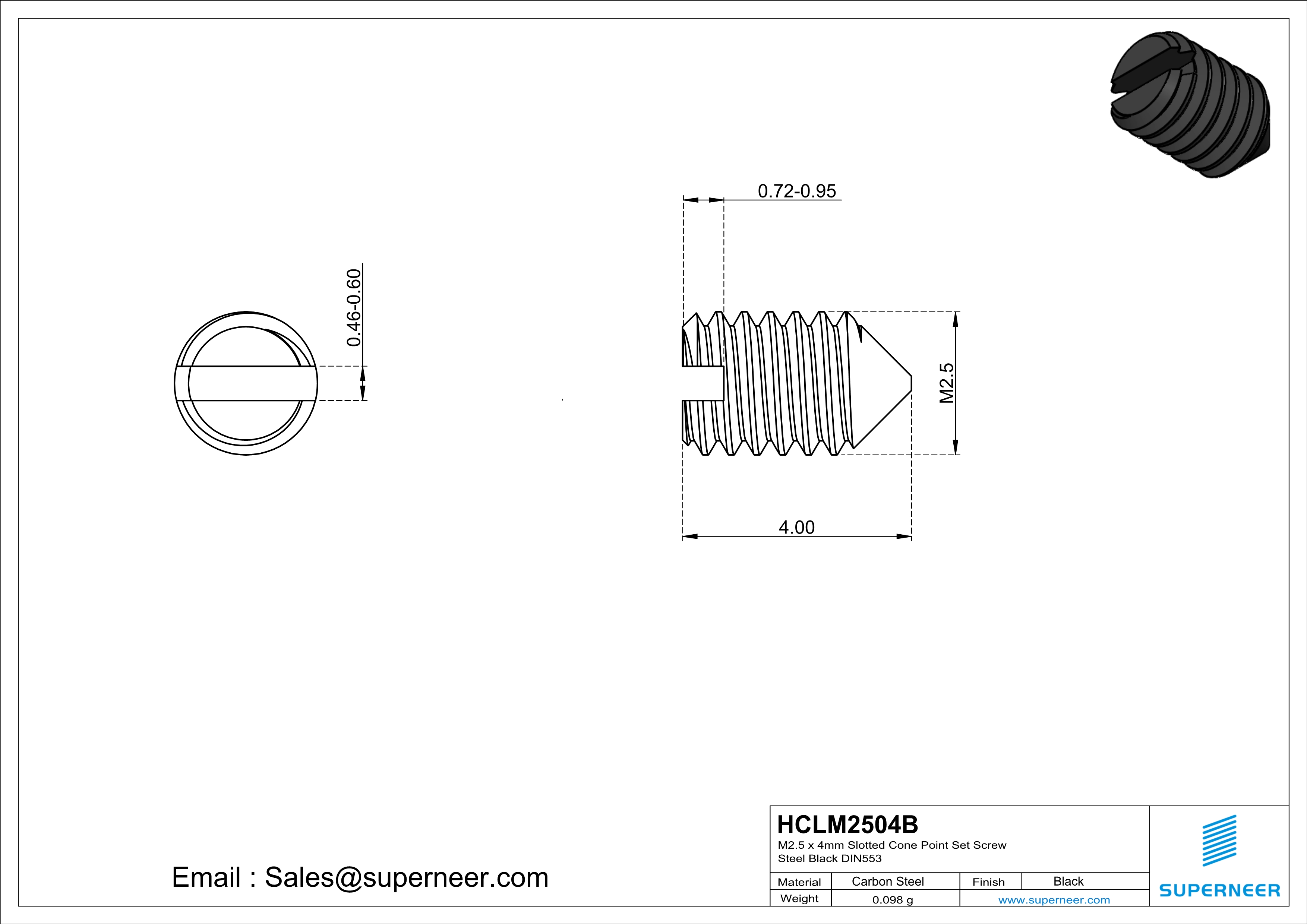 M2.5 x 4mm Slotted Cone Point Set Screw Steel Black DIN553