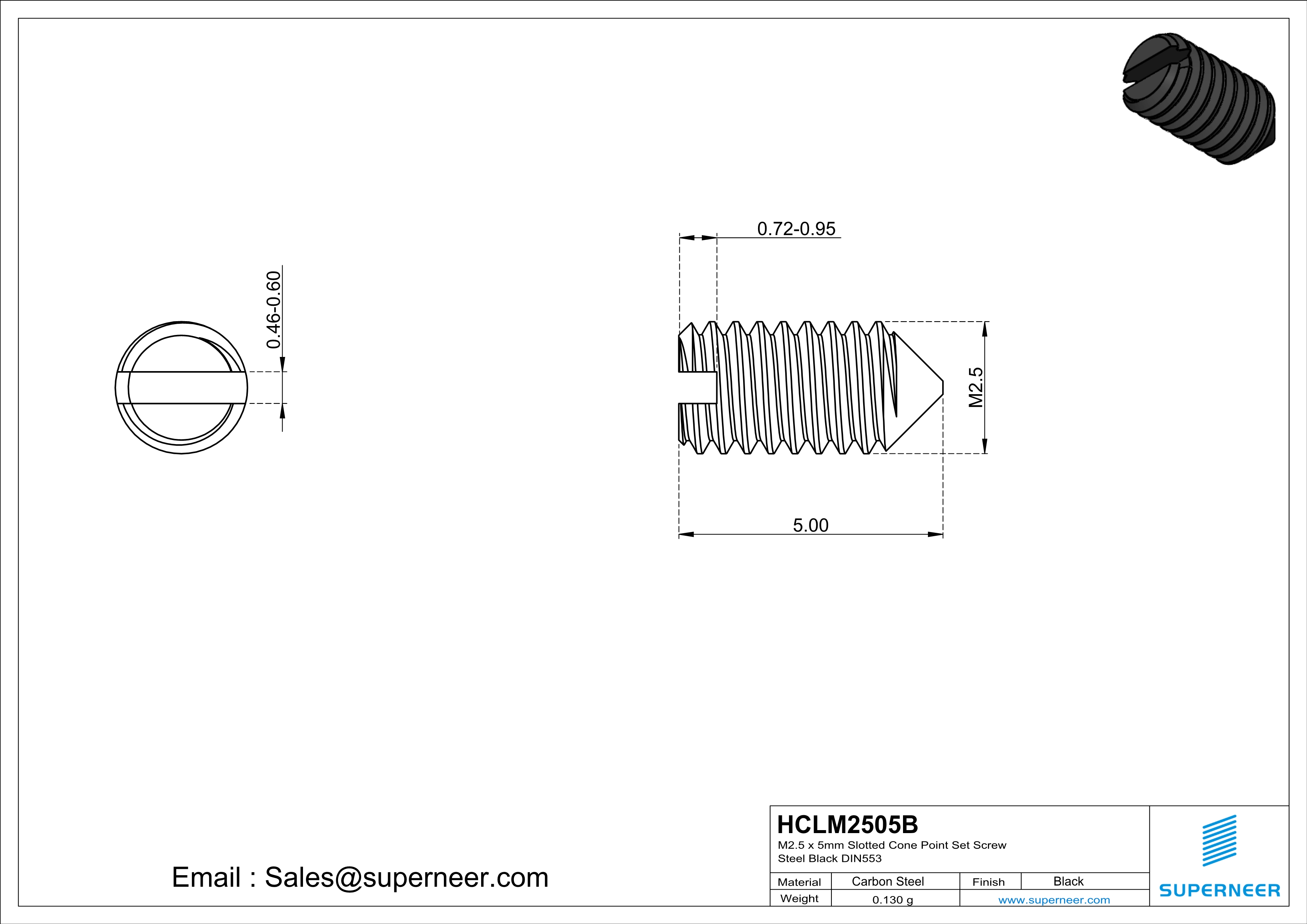 M2.5 x 5mm Slotted Cone Point Set Screw Steel Black DIN553