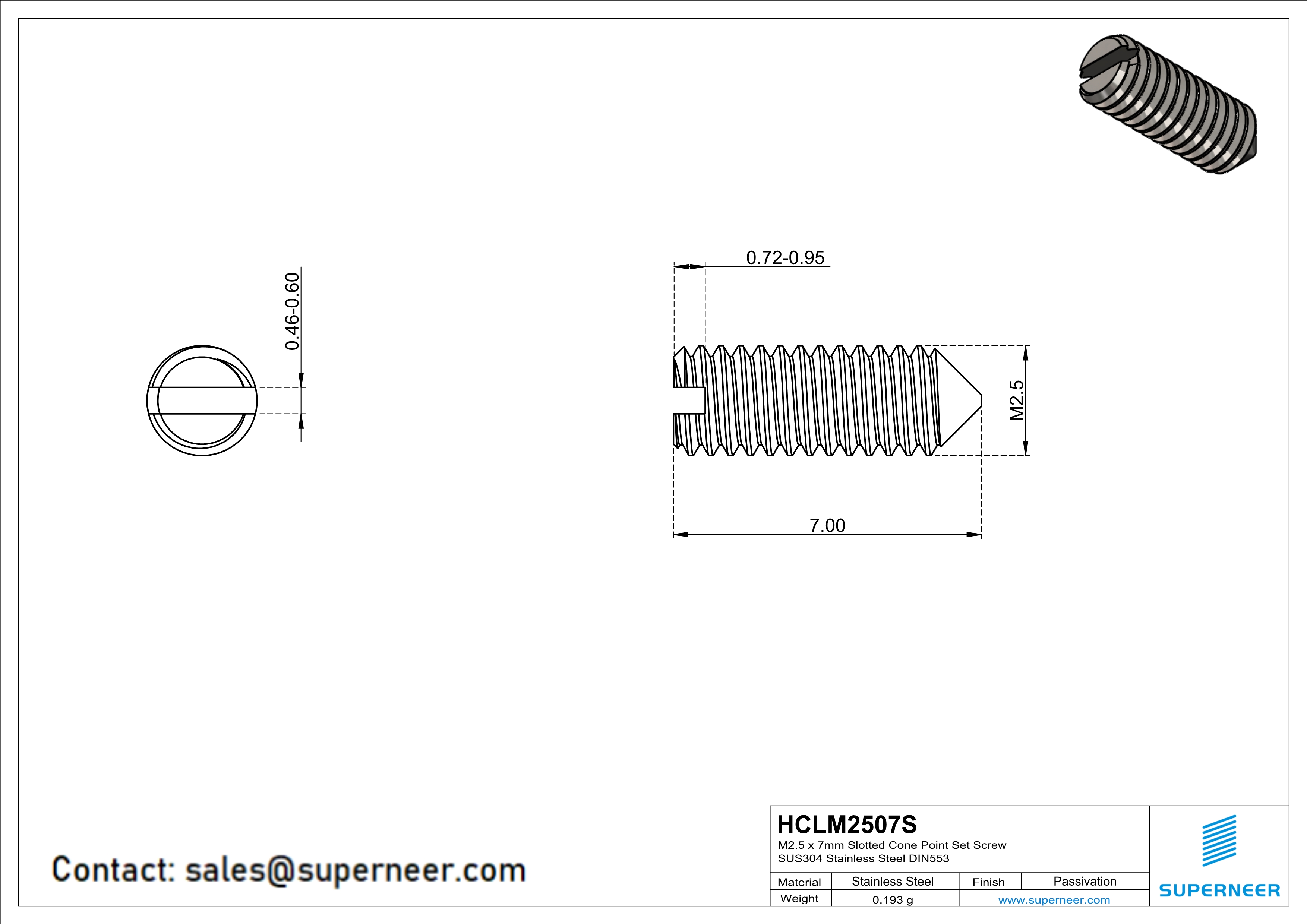 M2.5 x 7mm Slotted Cone Point Set Screw SUS304 Stainless Steel Inox DIN553