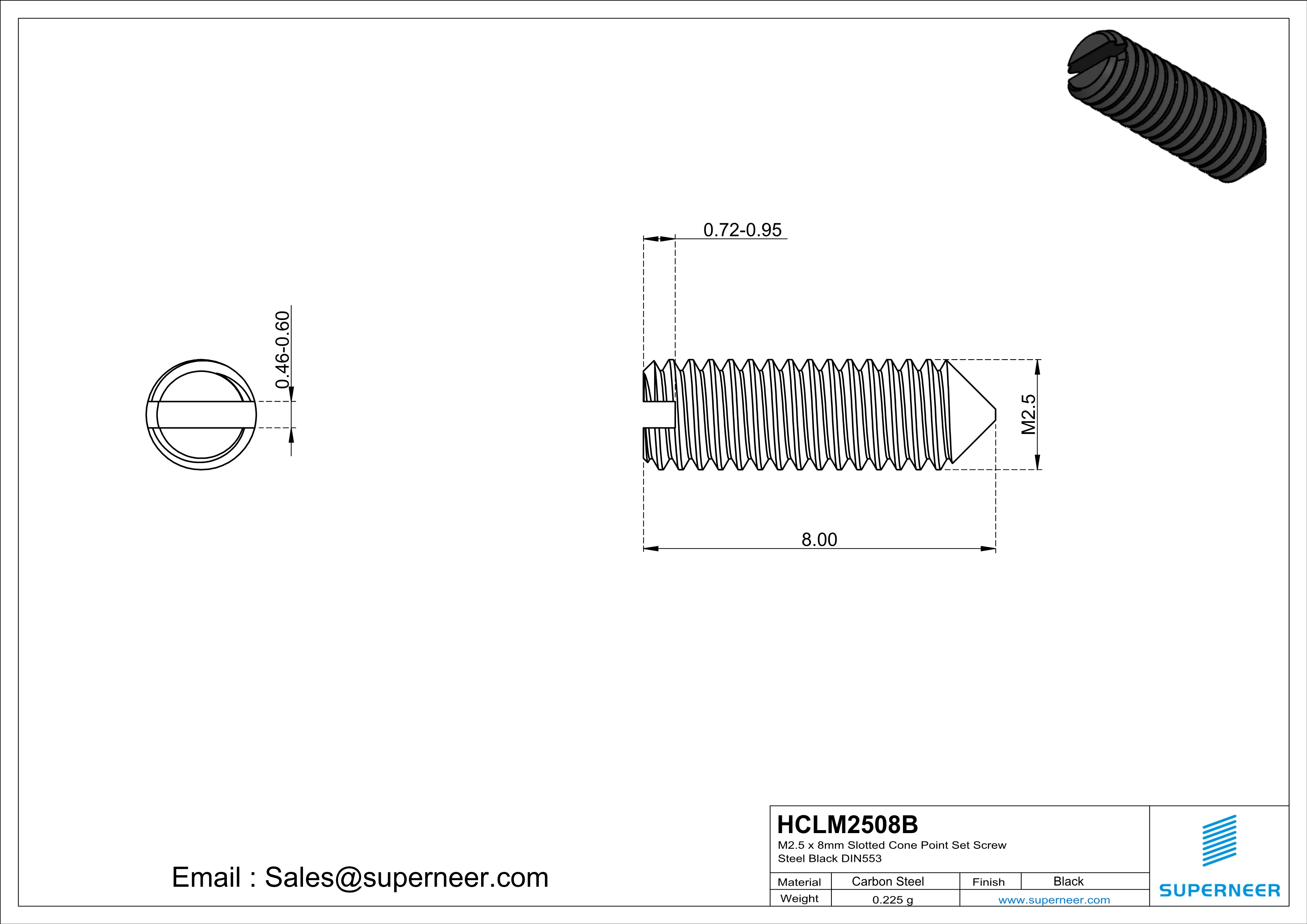 M2.5 x 8mm Slotted Cone Point Set Screw Steel Black DIN553