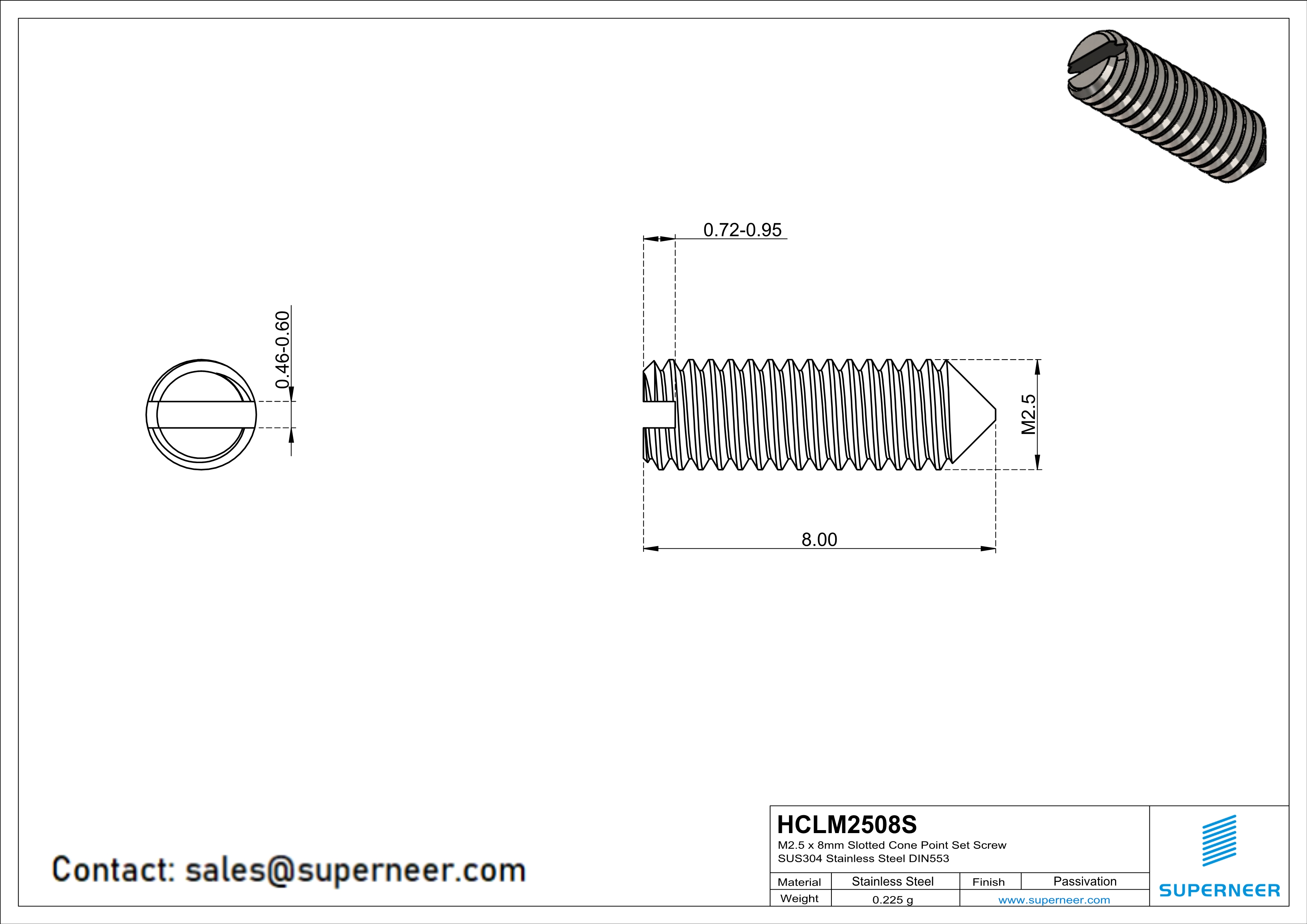 M2.5 x 8mm Slotted Cone Point Set Screw SUS304 Stainless Steel Inox DIN553