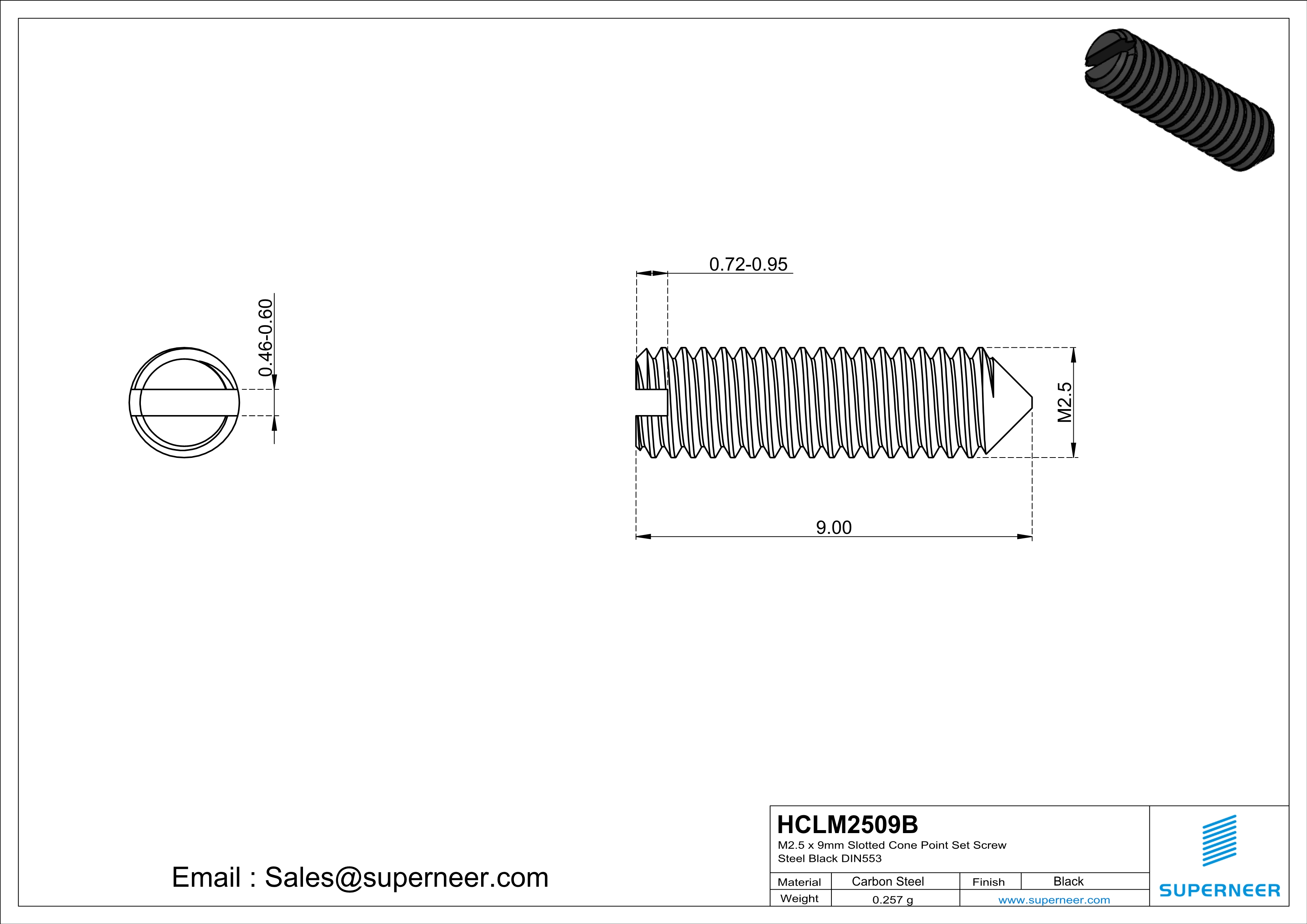 M2.5 x 9mm Slotted Cone Point Set Screw Steel Black DIN553