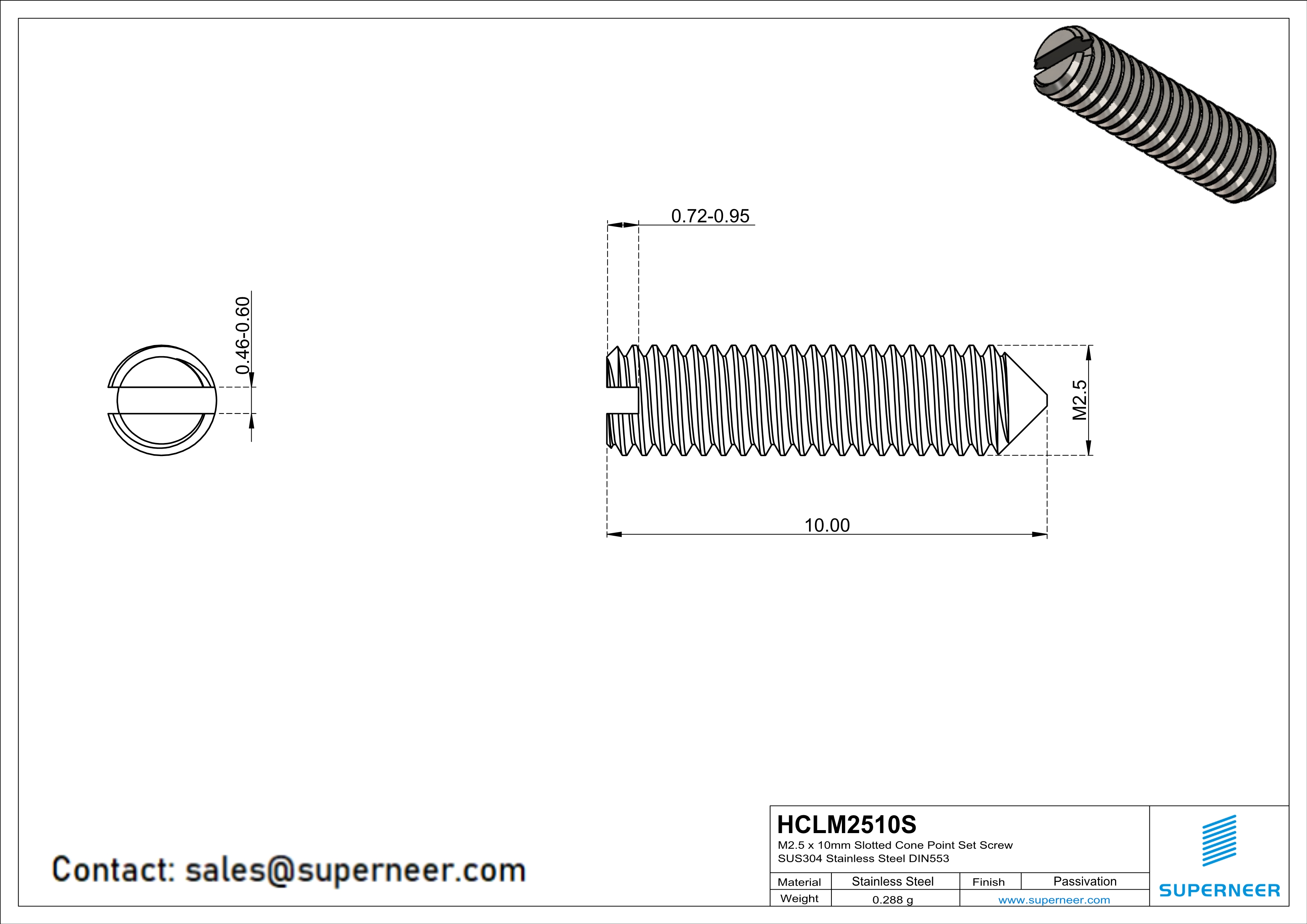 M2.5 x 10mm Slotted Cone Point Set Screw SUS304 Stainless Steel Inox DIN553