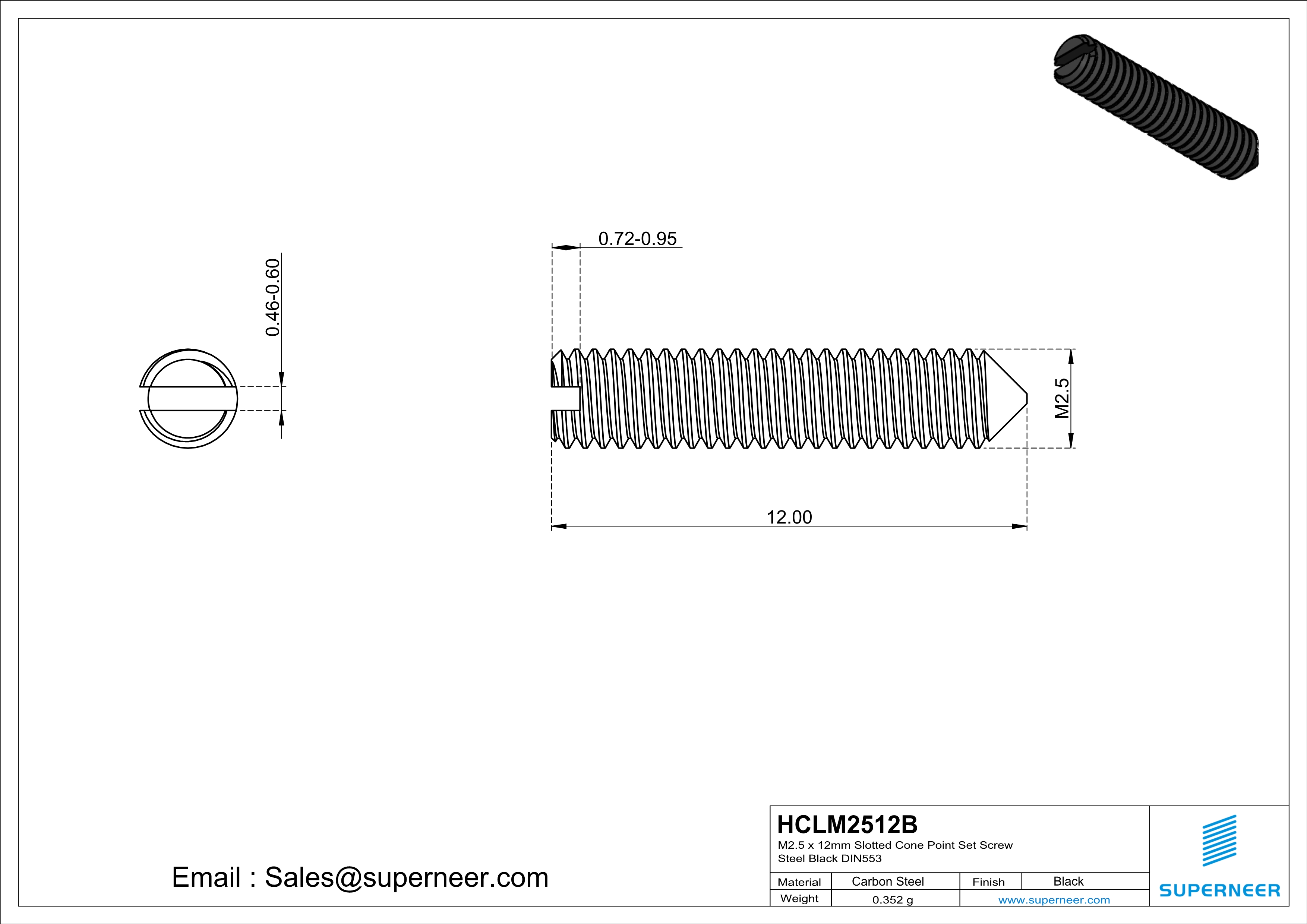 M2.5 x 12mm Slotted Cone Point Set Screw Steel Black DIN553