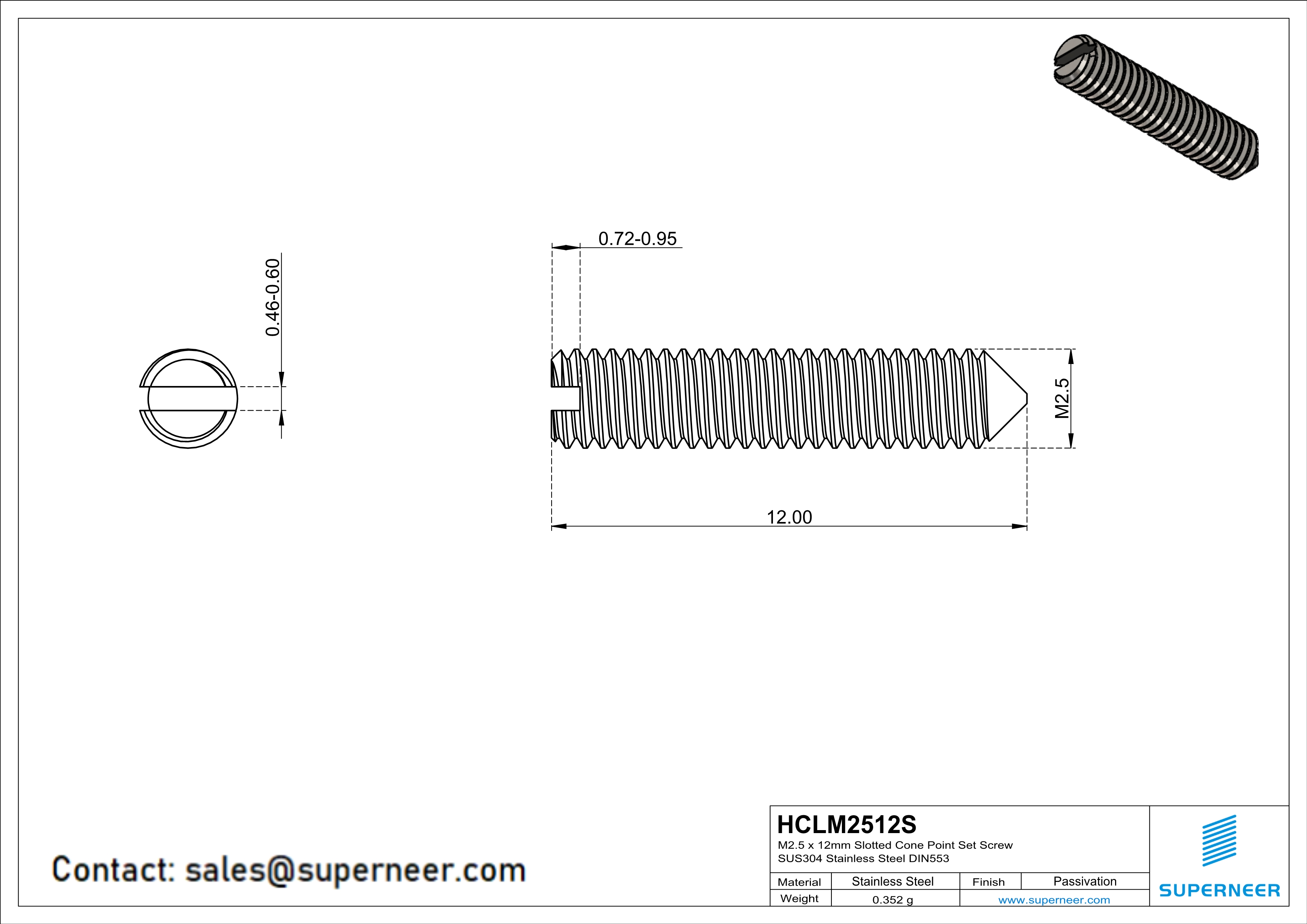 M2.5 x 12mm Slotted Cone Point Set Screw SUS304 Stainless Steel Inox DIN553