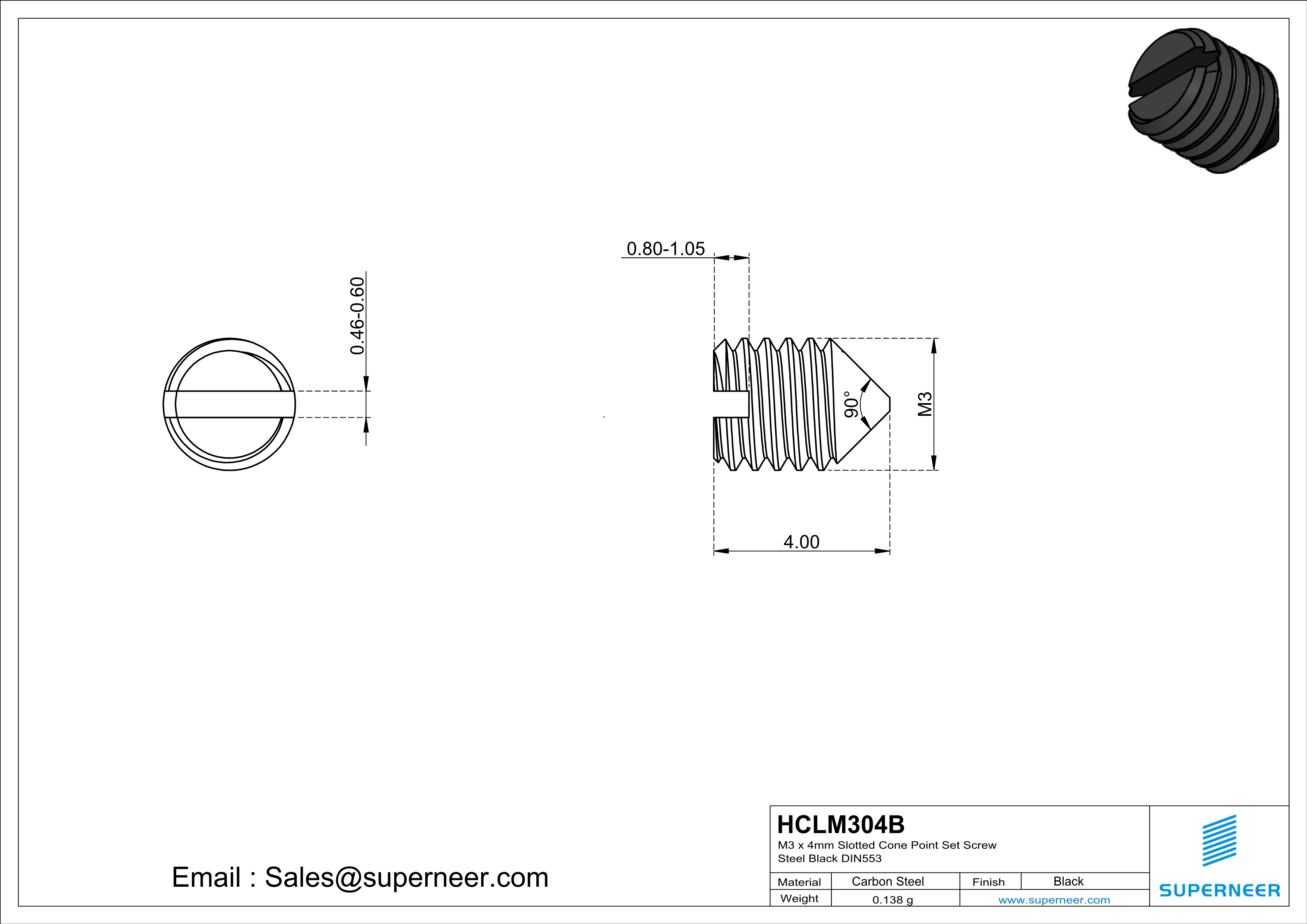 M3 x 4mm Slotted Cone Point Set Screw Steel Black DIN553