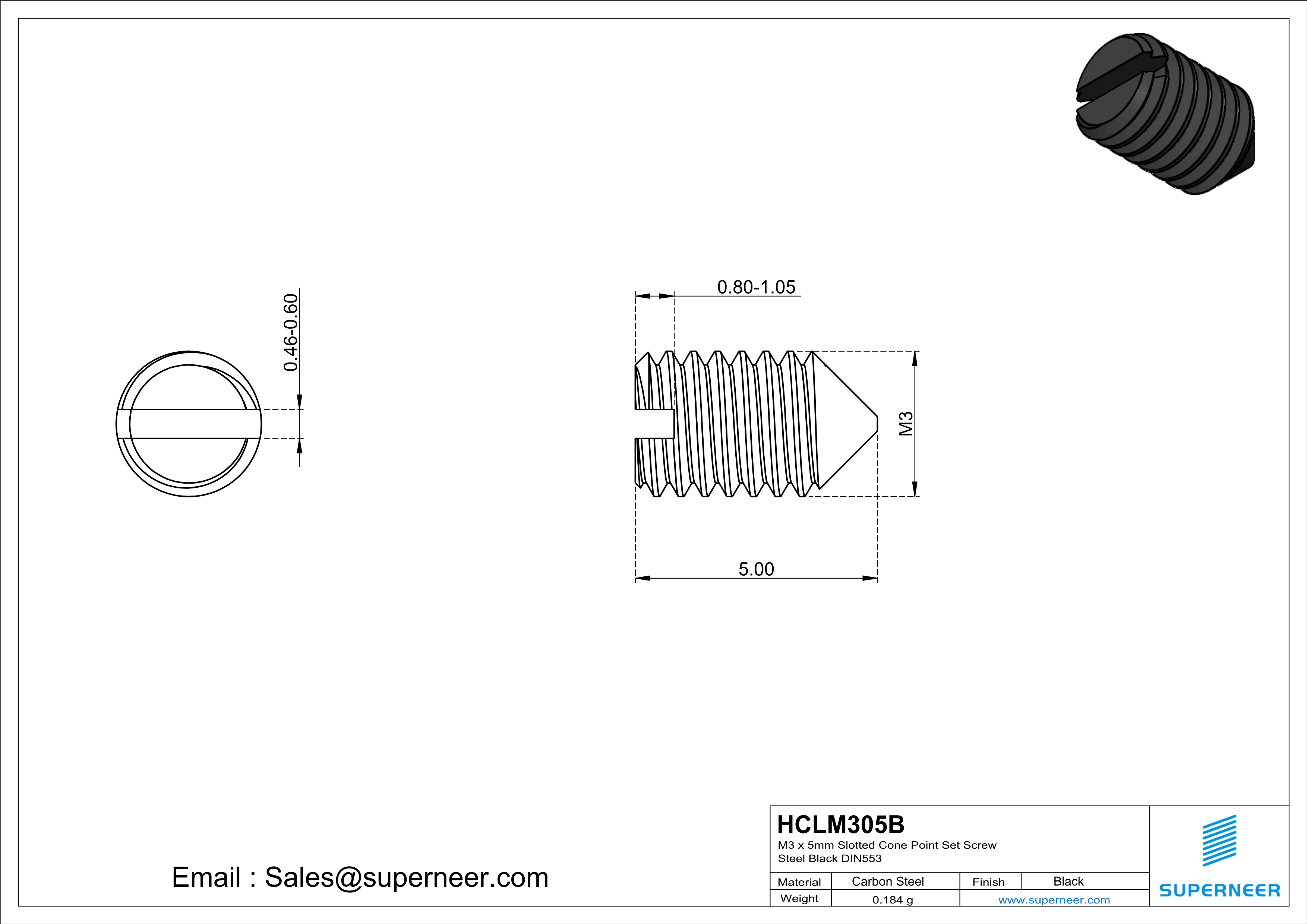 M3 x 5mm Slotted Cone Point Set Screw Steel Black DIN553