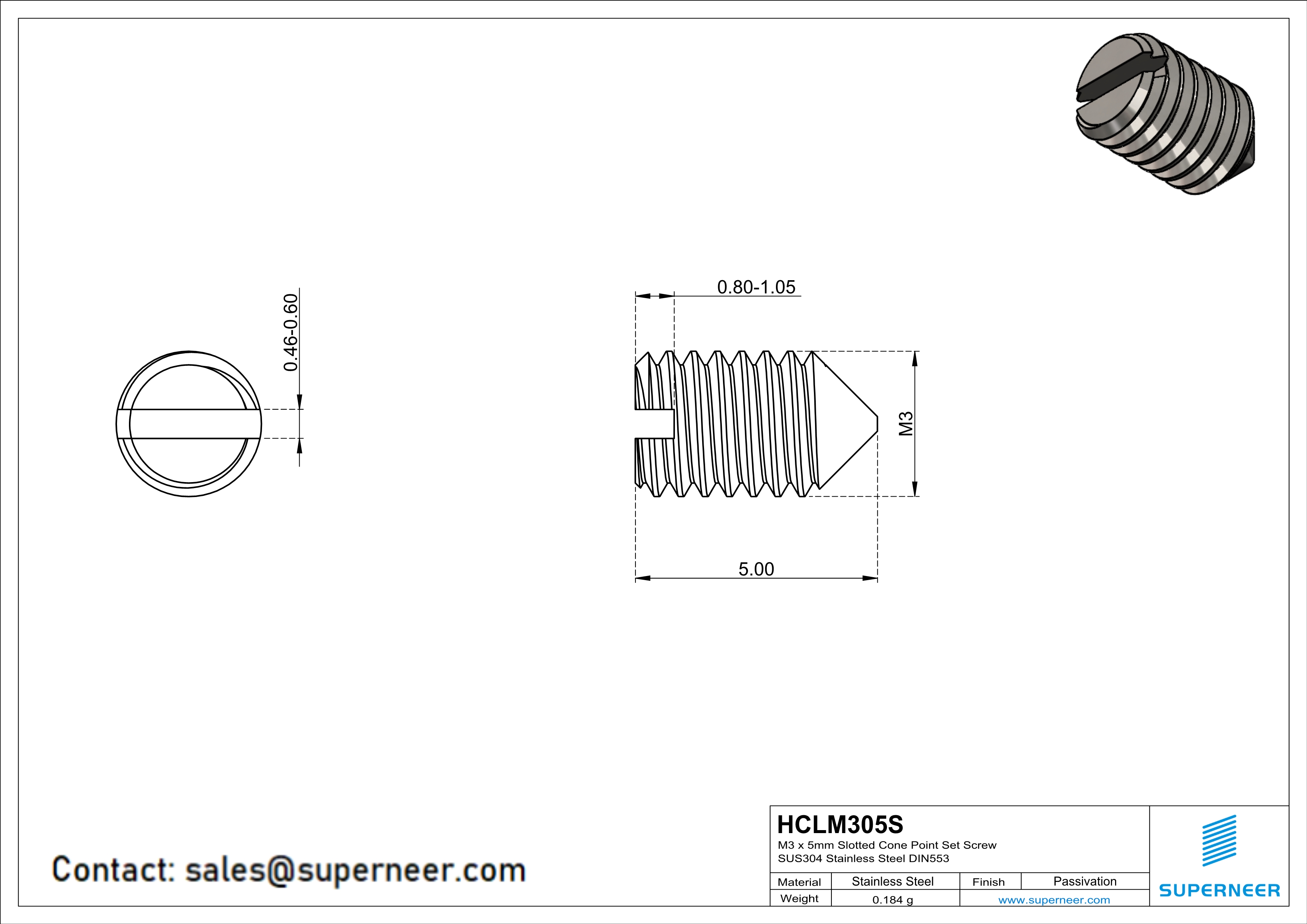 M3 x 5mm Slotted Cone Point Set Screw SUS304 Stainless Steel Inox DIN553