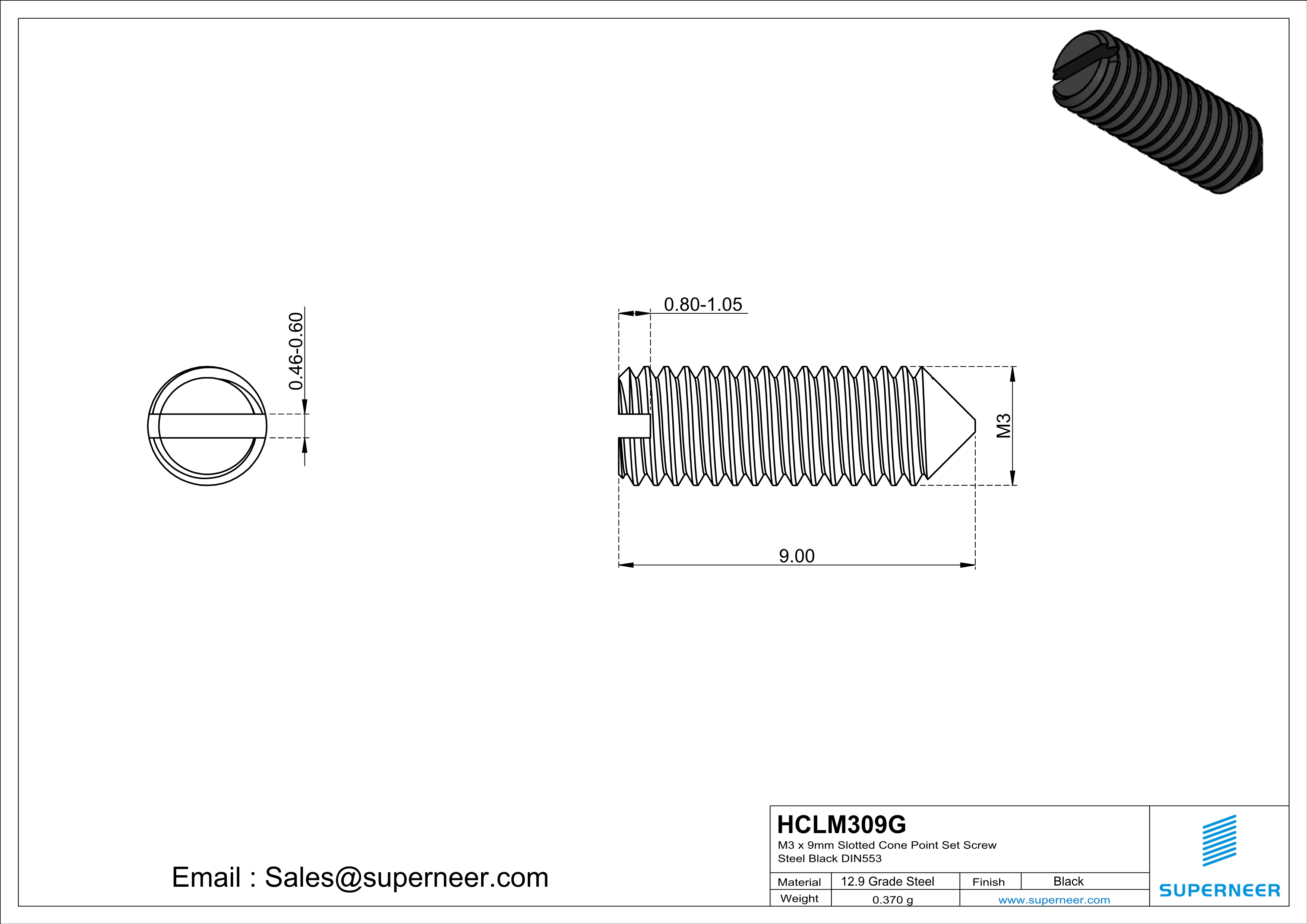 M3 x 9mm Slotted Cone Point Set Screw 12.9 Carbon Steel Black DIN553