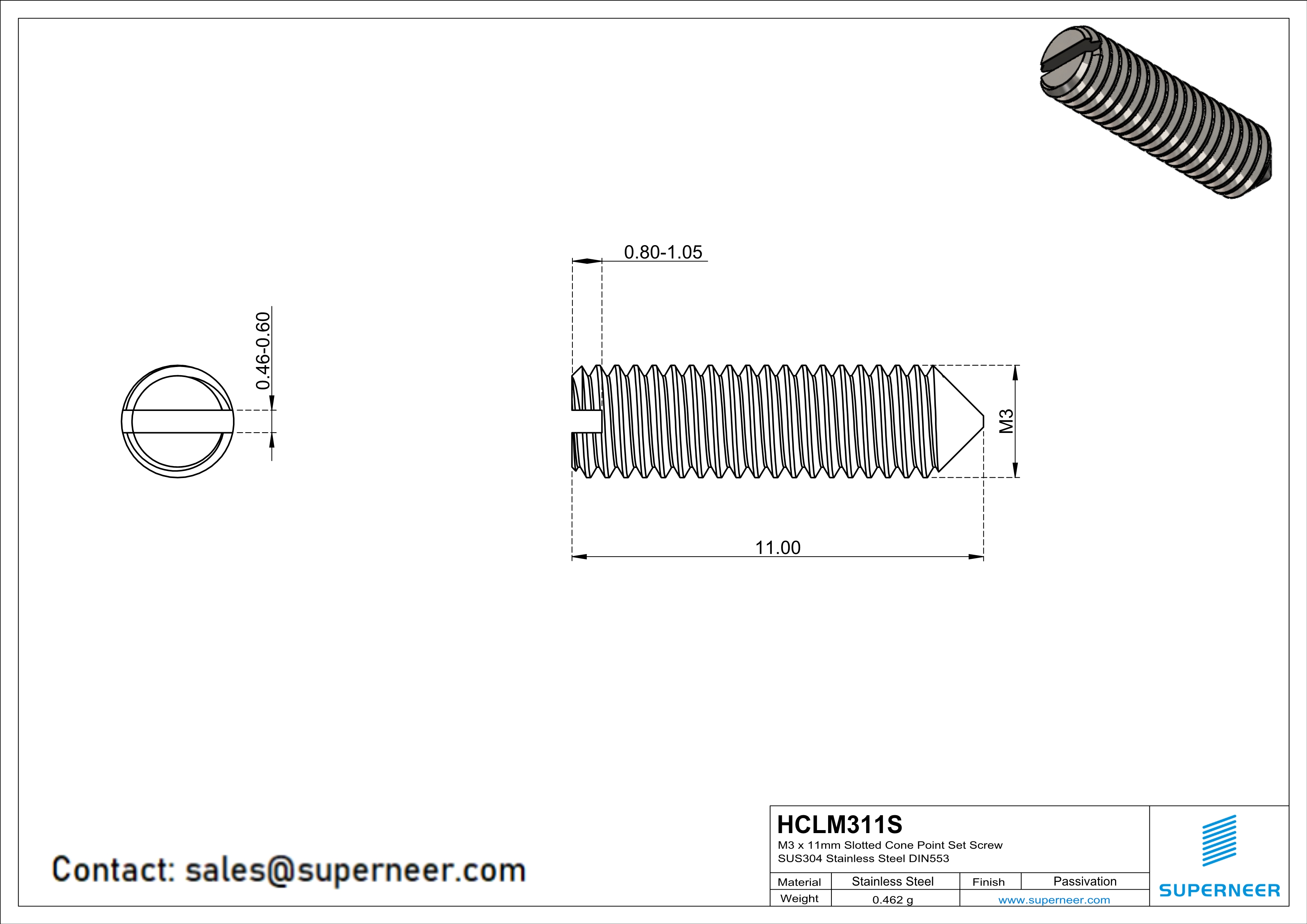 M3 x 11mm Slotted Cone Point Set Screw SUS304 Stainless Steel Inox DIN553