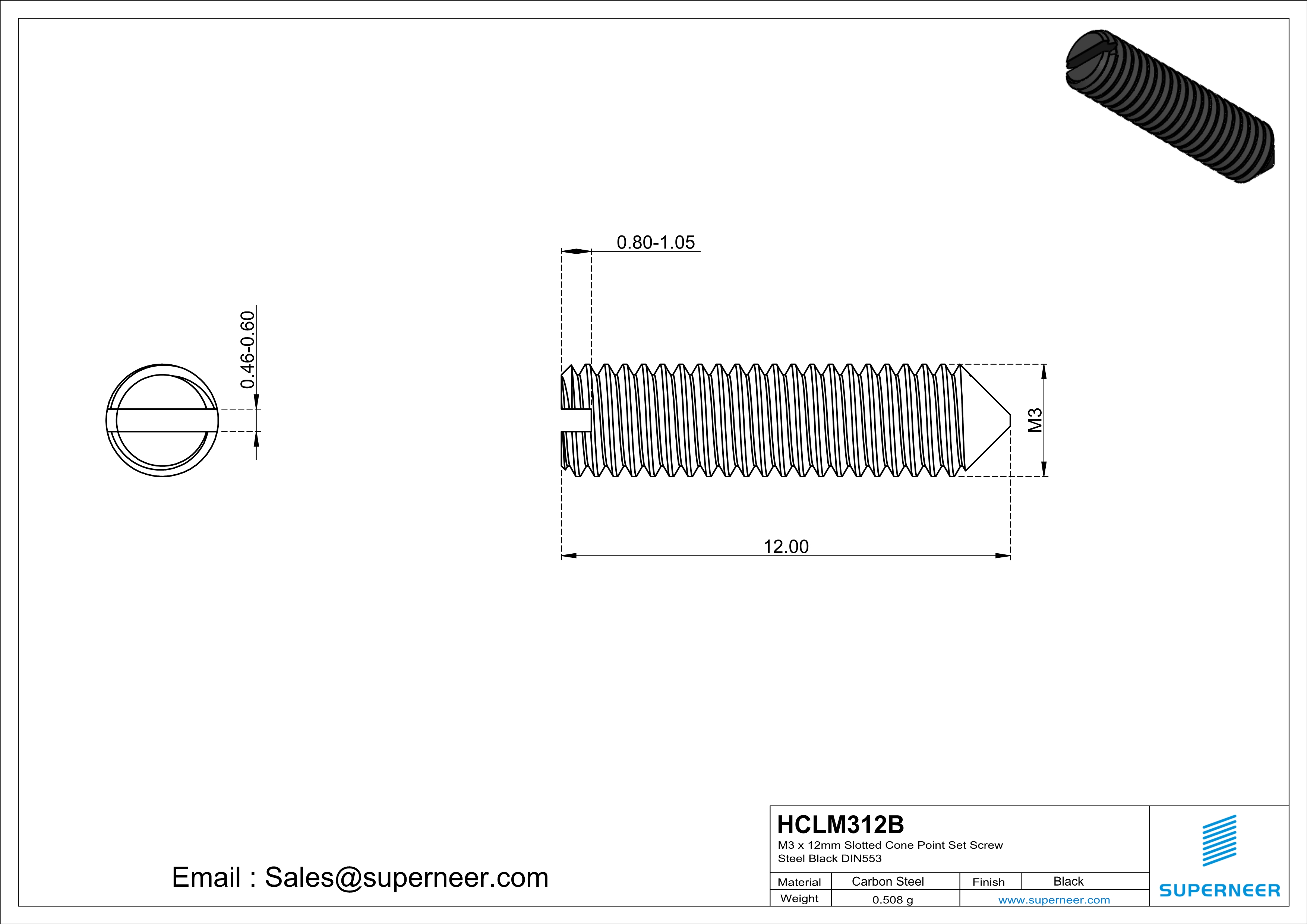 M3 x 12mm Slotted Cone Point Set Screw Steel Black DIN553