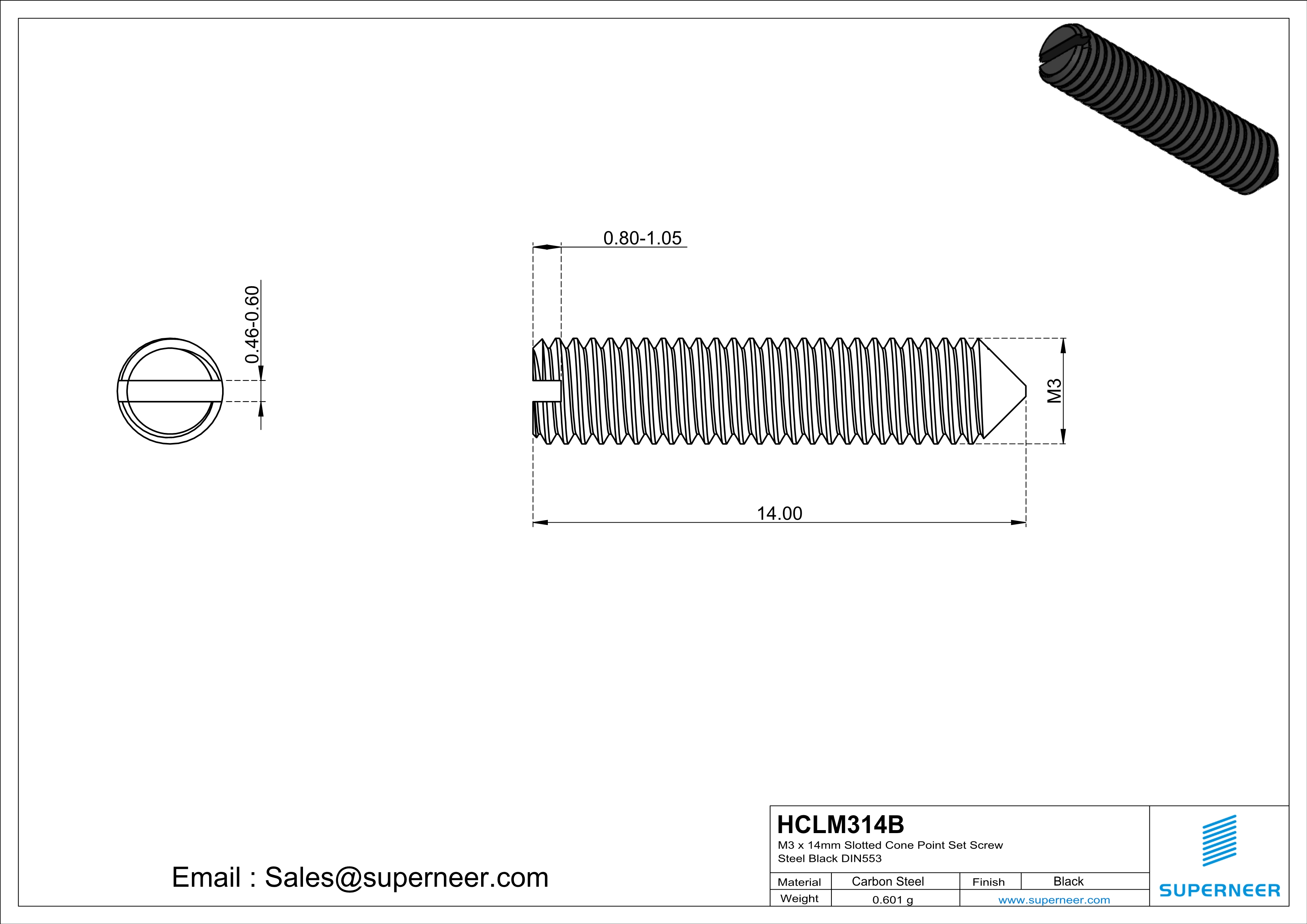 M3 x 14mm Slotted Cone Point Set Screw Steel Black DIN553