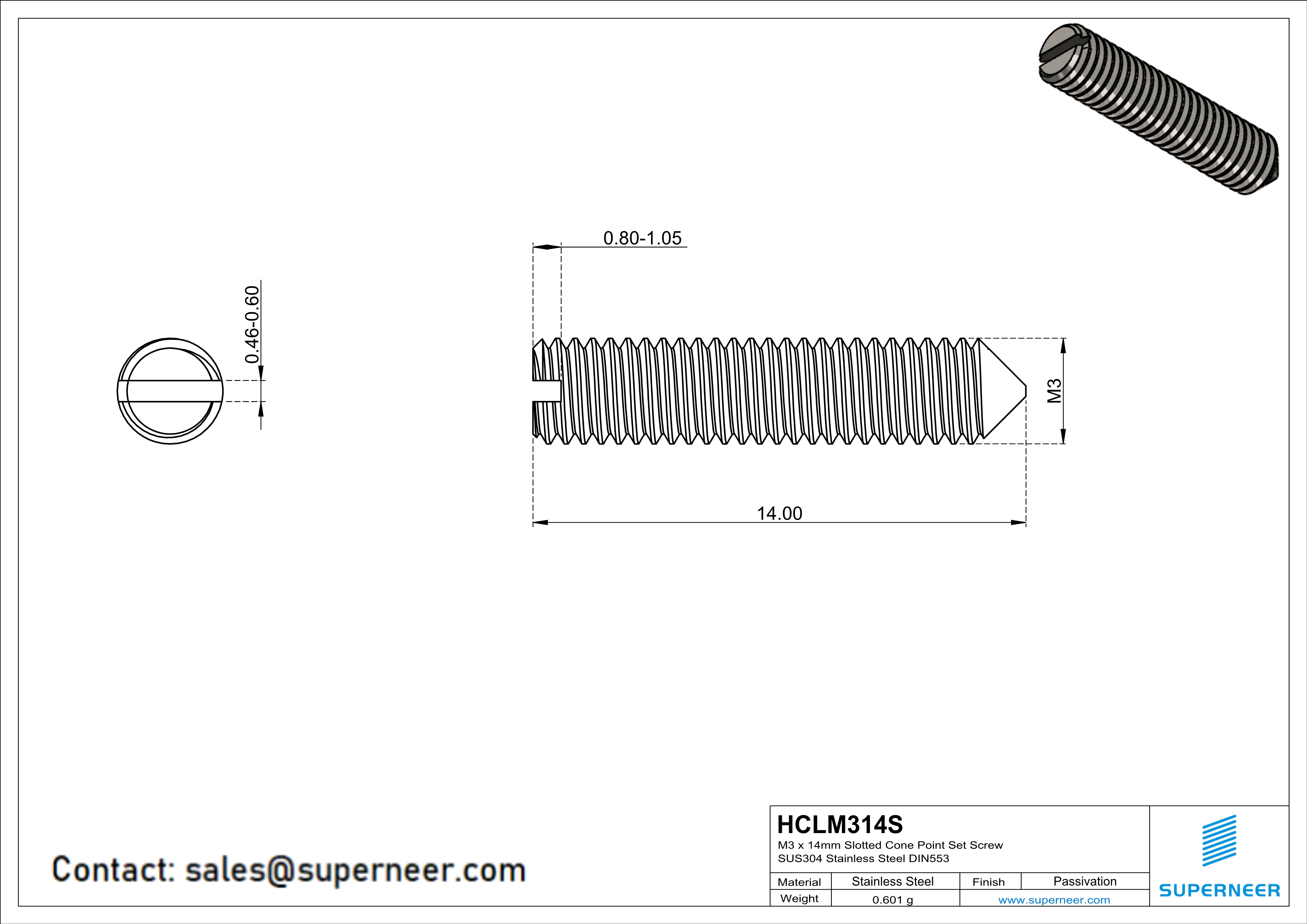 M3 x 14mm Slotted Cone Point Set Screw SUS304 Stainless Steel Inox DIN553