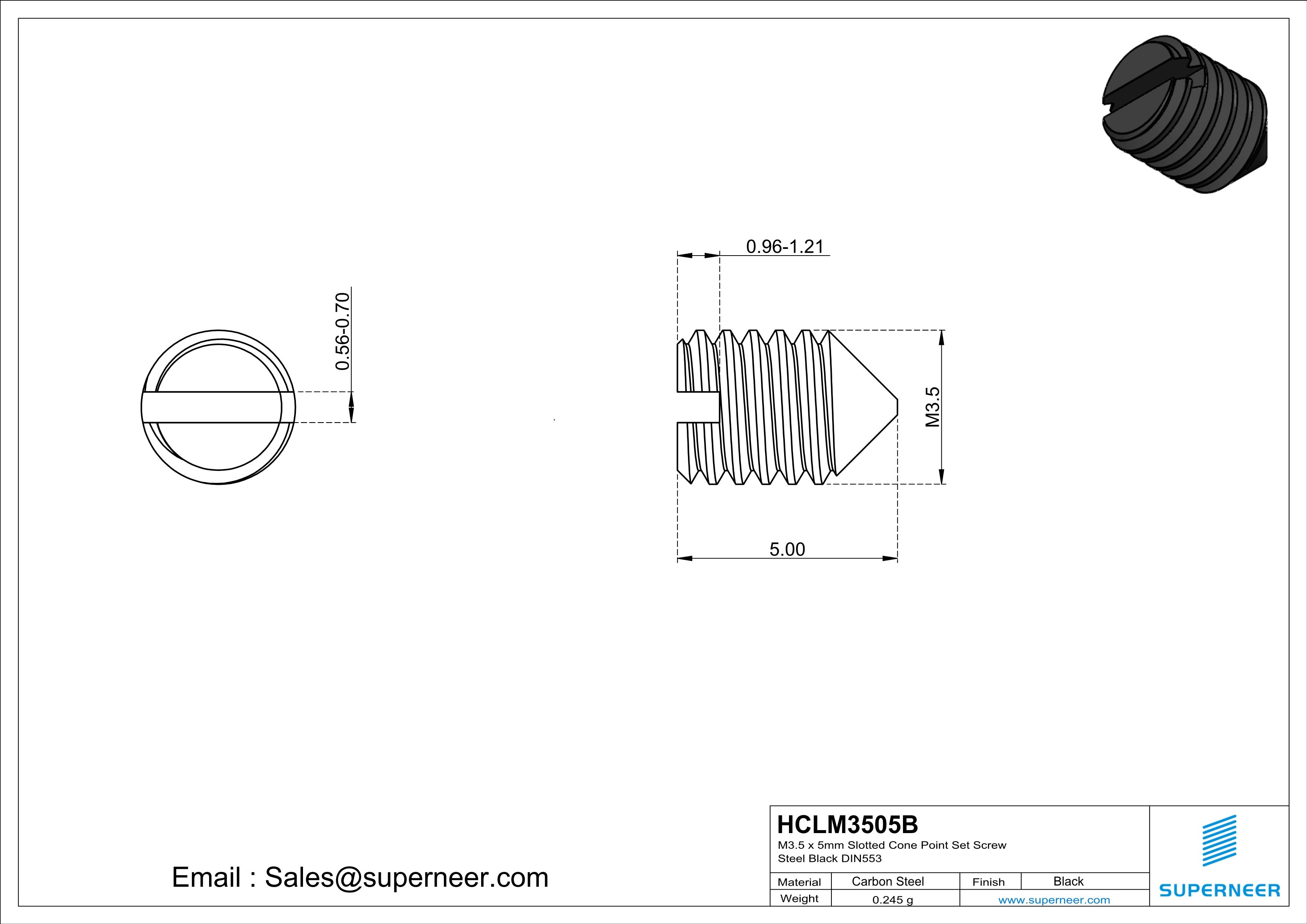 M3.5 x 5mm Slotted Cone Point Set Screw Steel Black DIN553