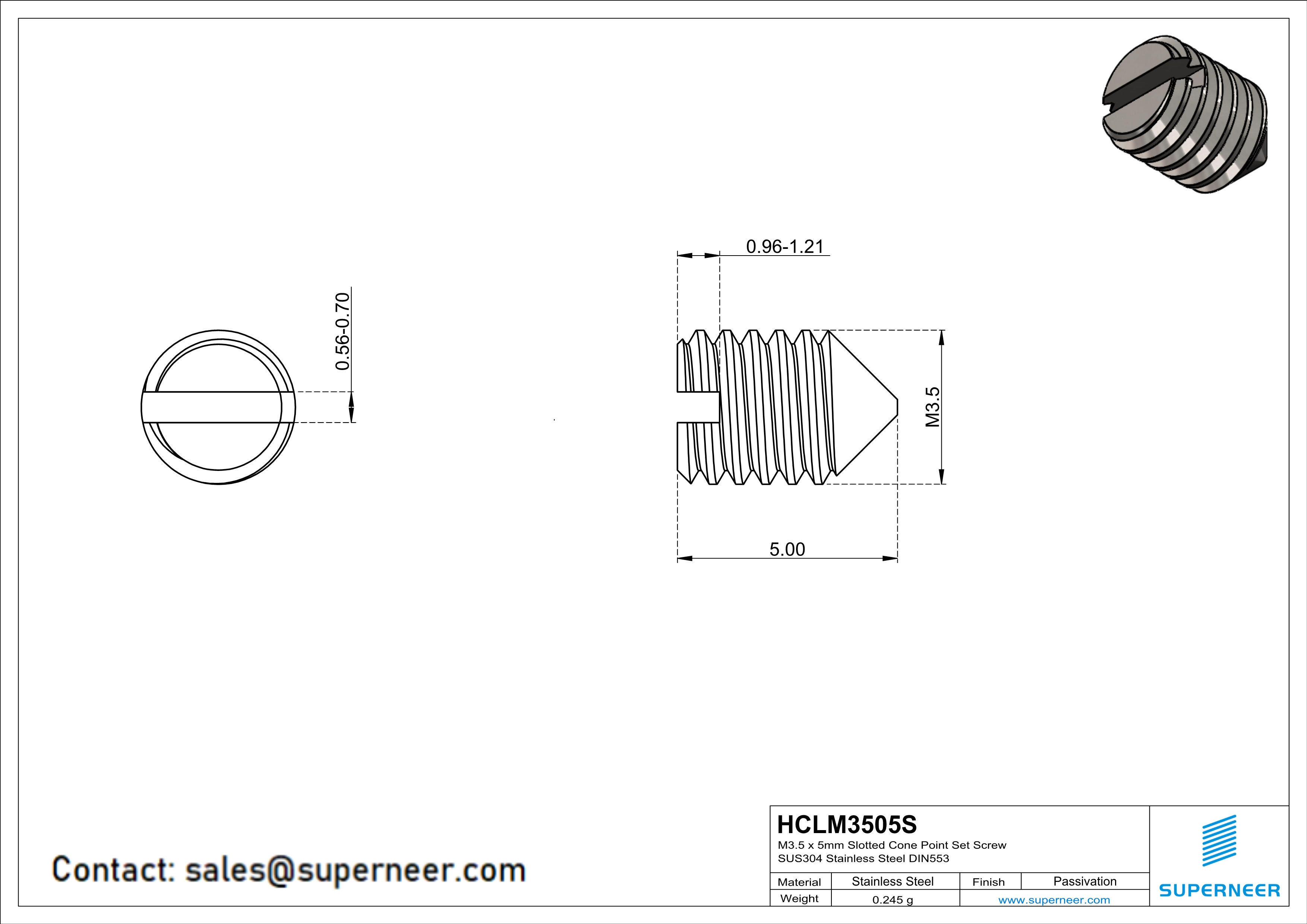 M3.5 x 5mm Slotted Cone Point Set Screw SUS304 Stainless Steel Inox DIN553