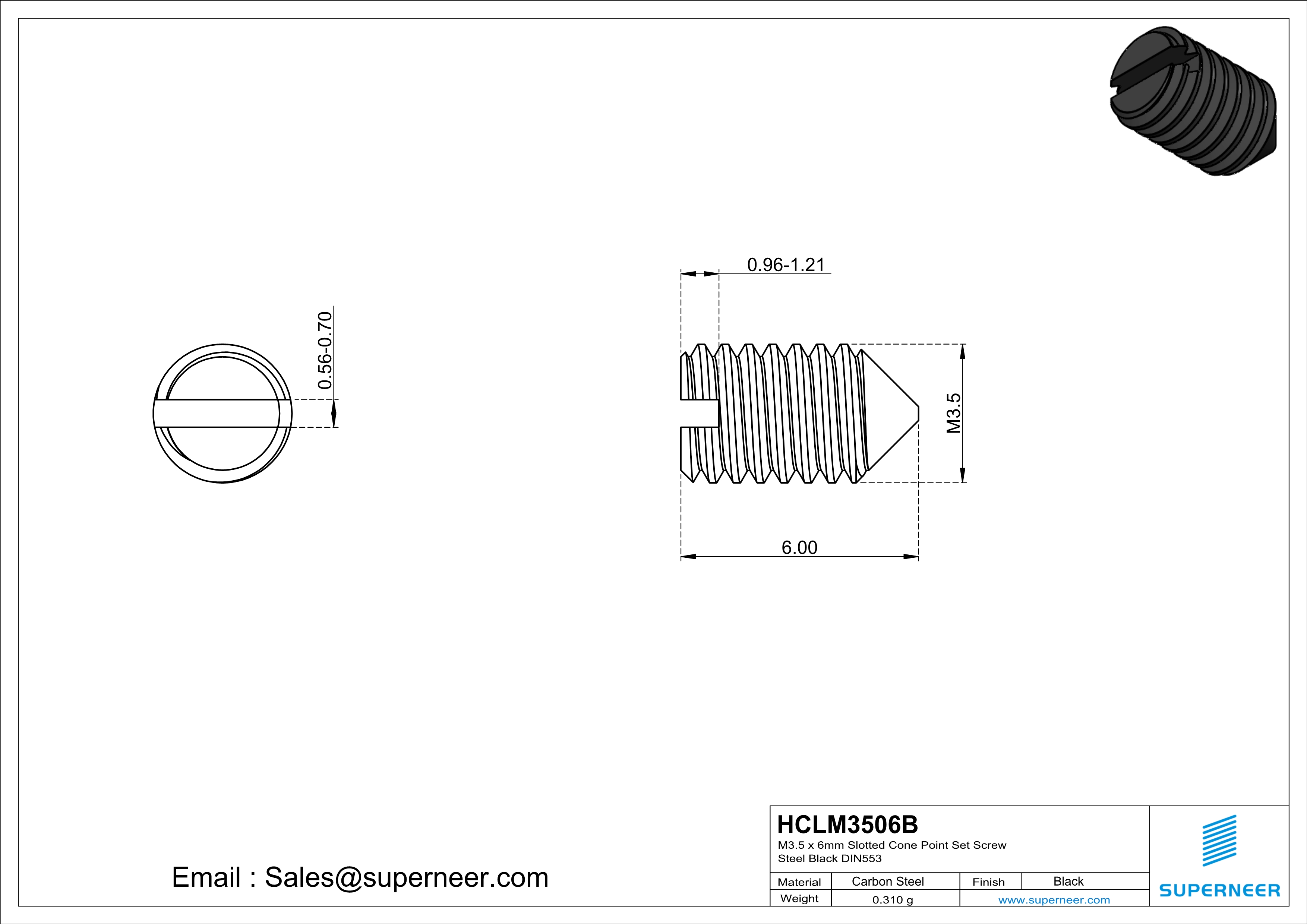 M3.5 x 6mm Slotted Cone Point Set Screw Steel Black DIN553