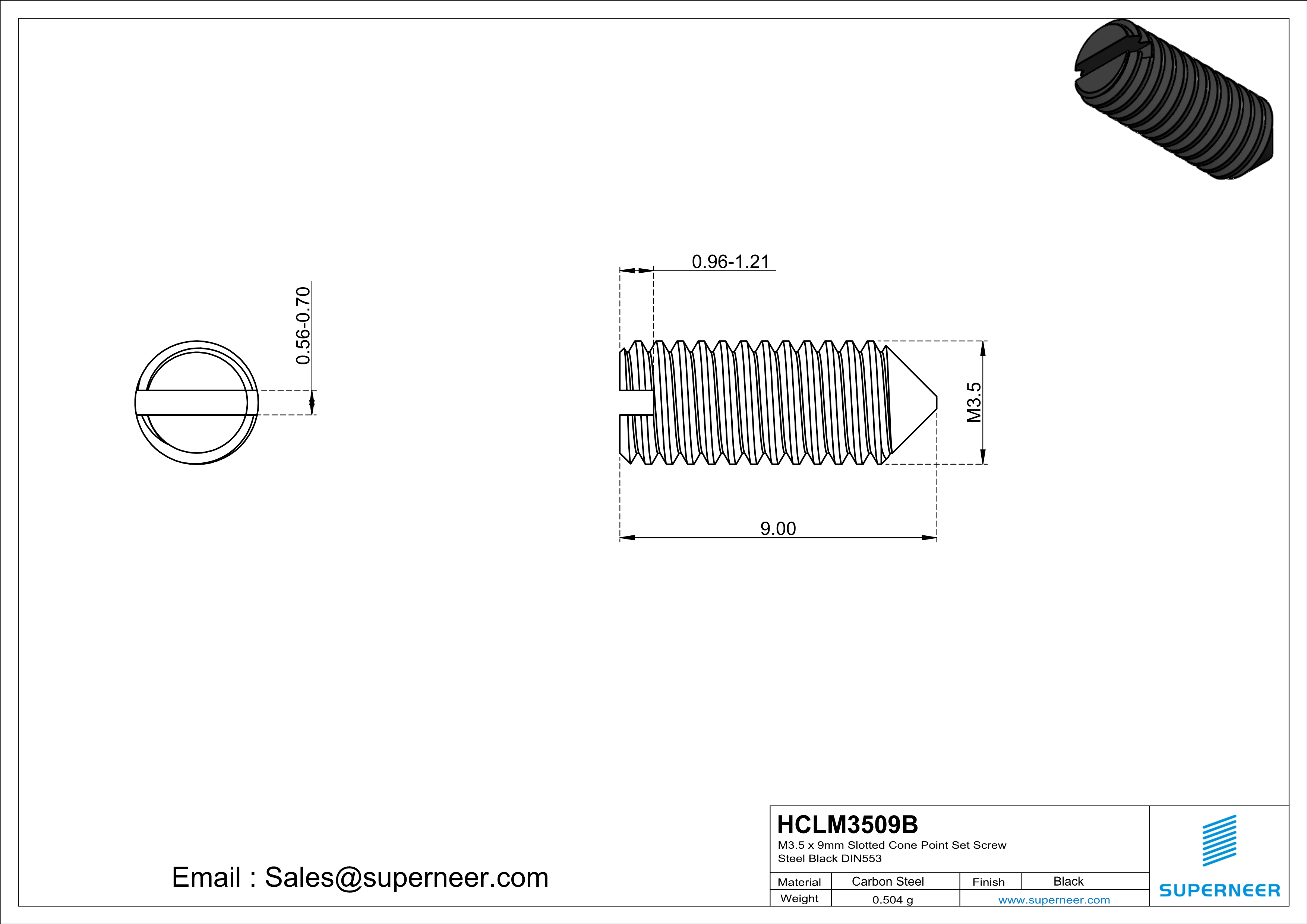 M3.5 x 9mm Slotted Cone Point Set Screw Steel Black DIN553