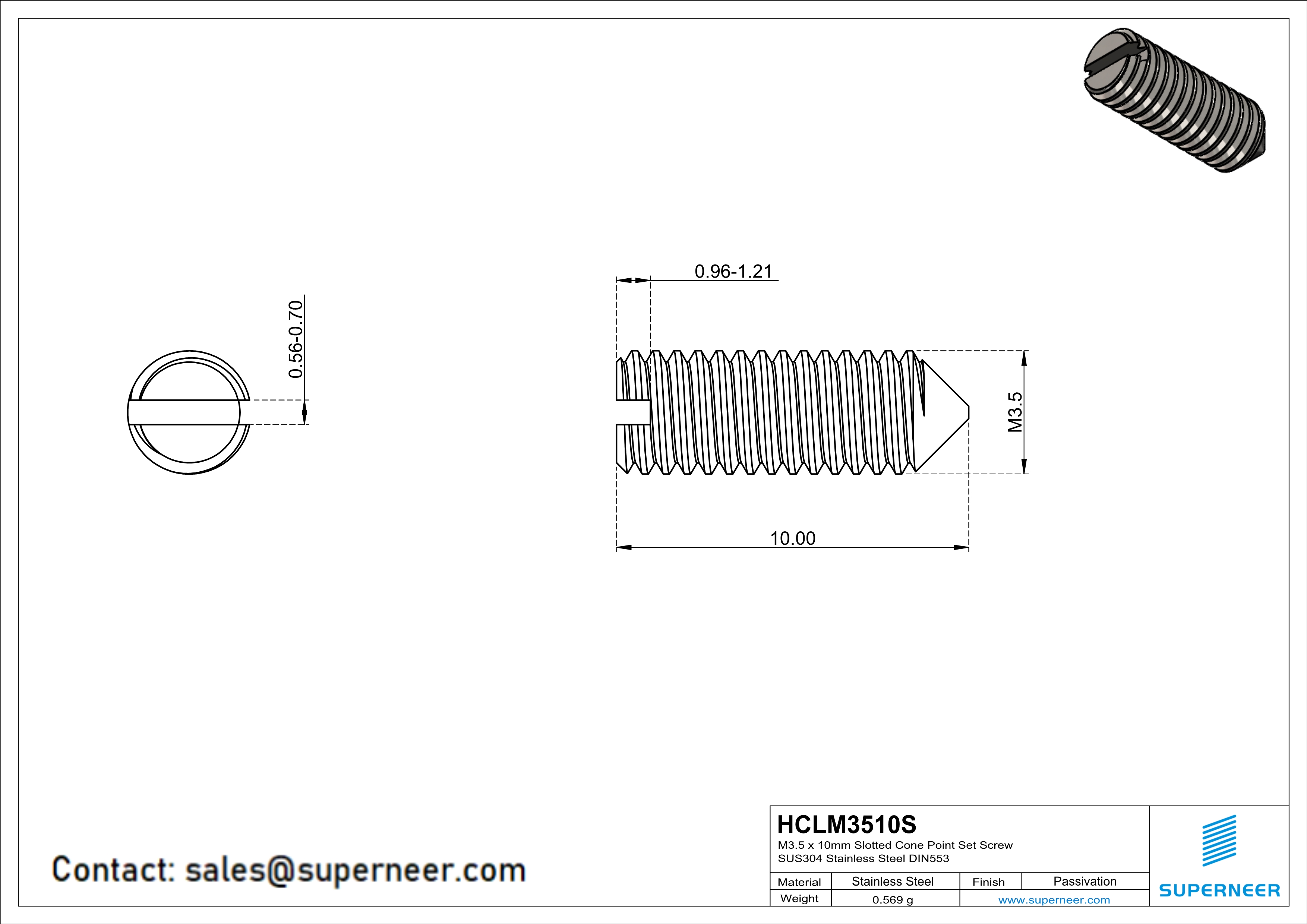 M3.5 x 10mm Slotted Cone Point Set Screw SUS304 Stainless Steel Inox DIN553