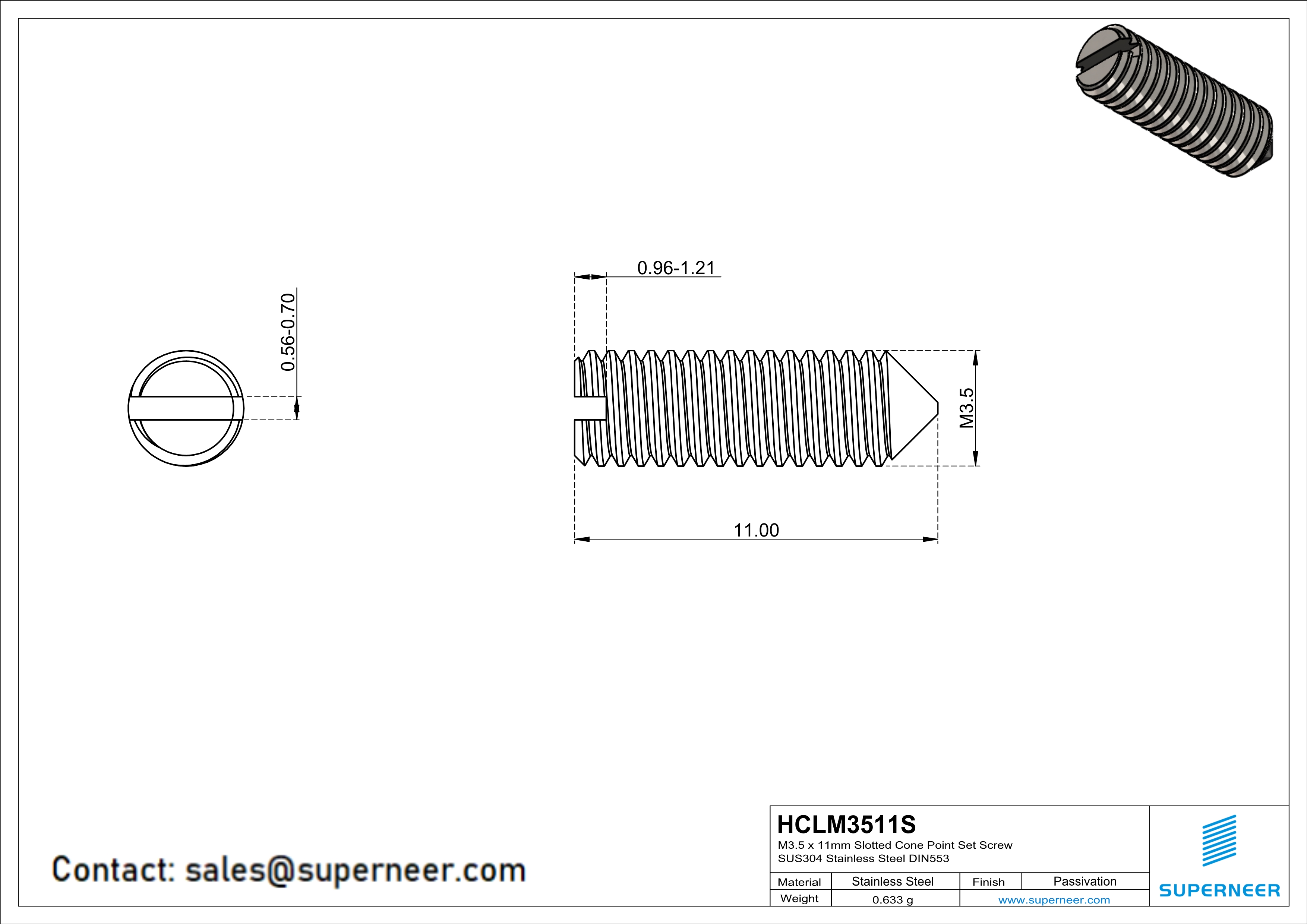 M3.5 x 11mm Slotted Cone Point Set Screw SUS304 Stainless Steel Inox DIN553