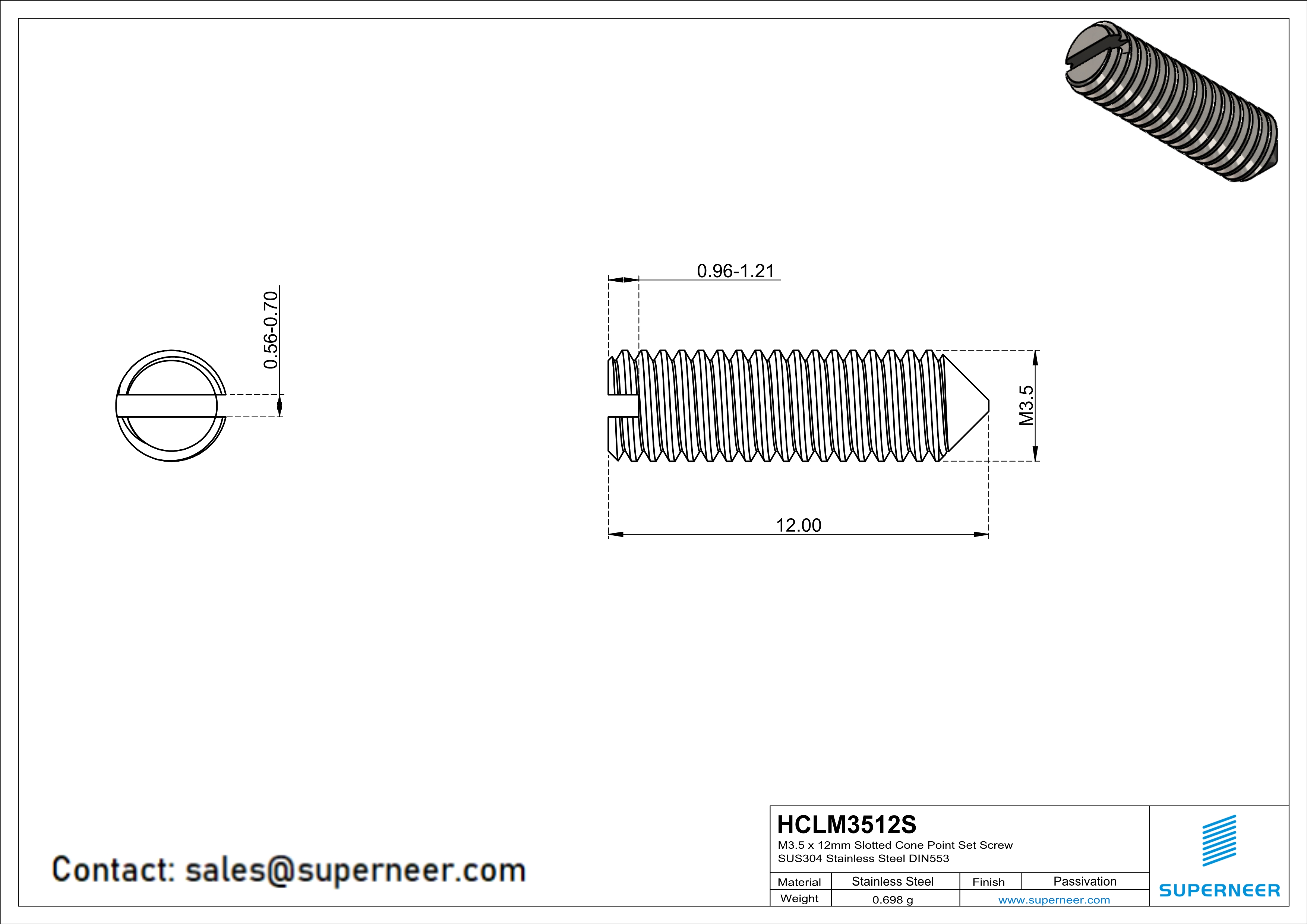 M3.5 x 12mm Slotted Cone Point Set Screw SUS304 Stainless Steel Inox DIN553