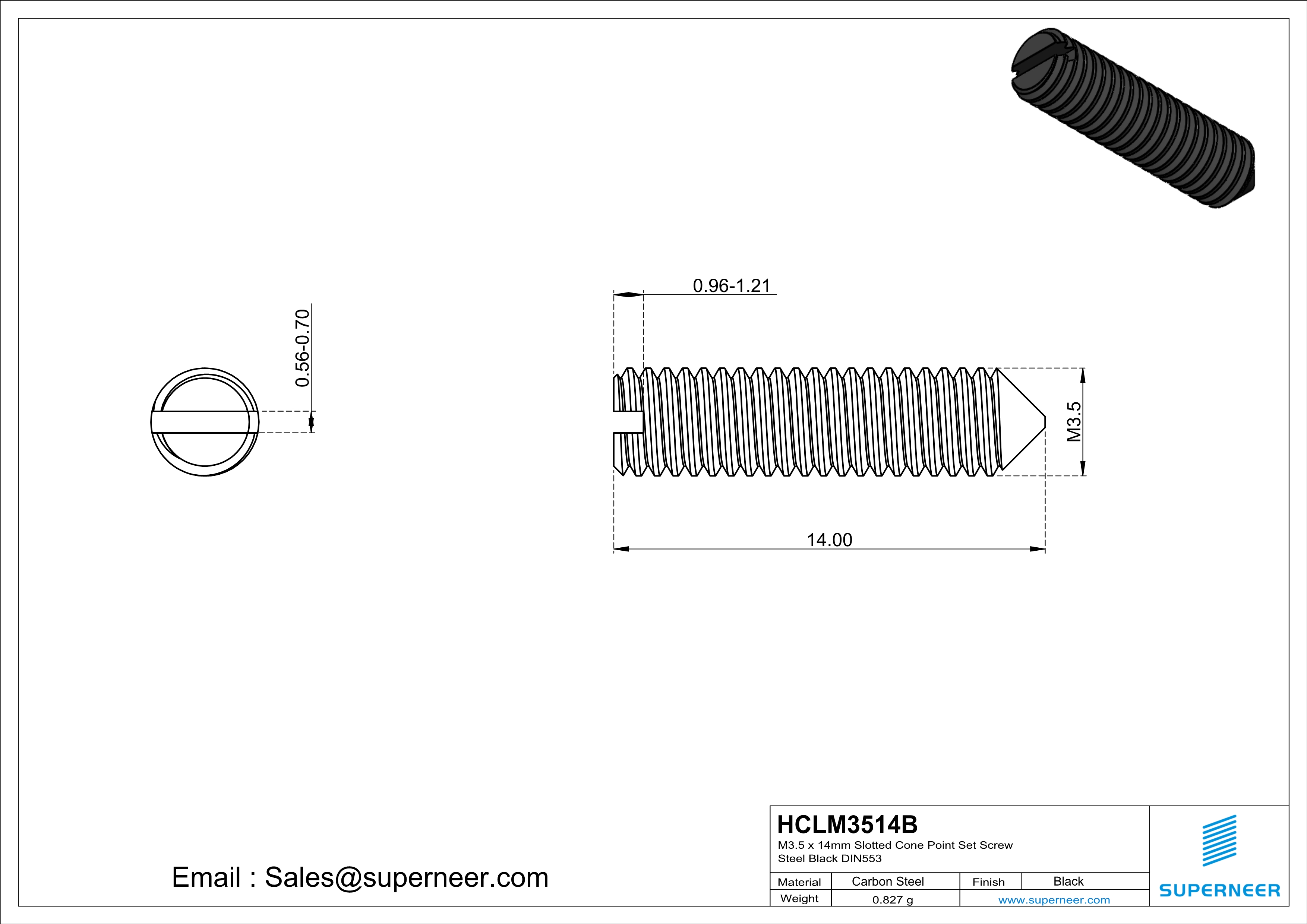 M3.5 x 14mm Slotted Cone Point Set Screw Steel Black DIN553