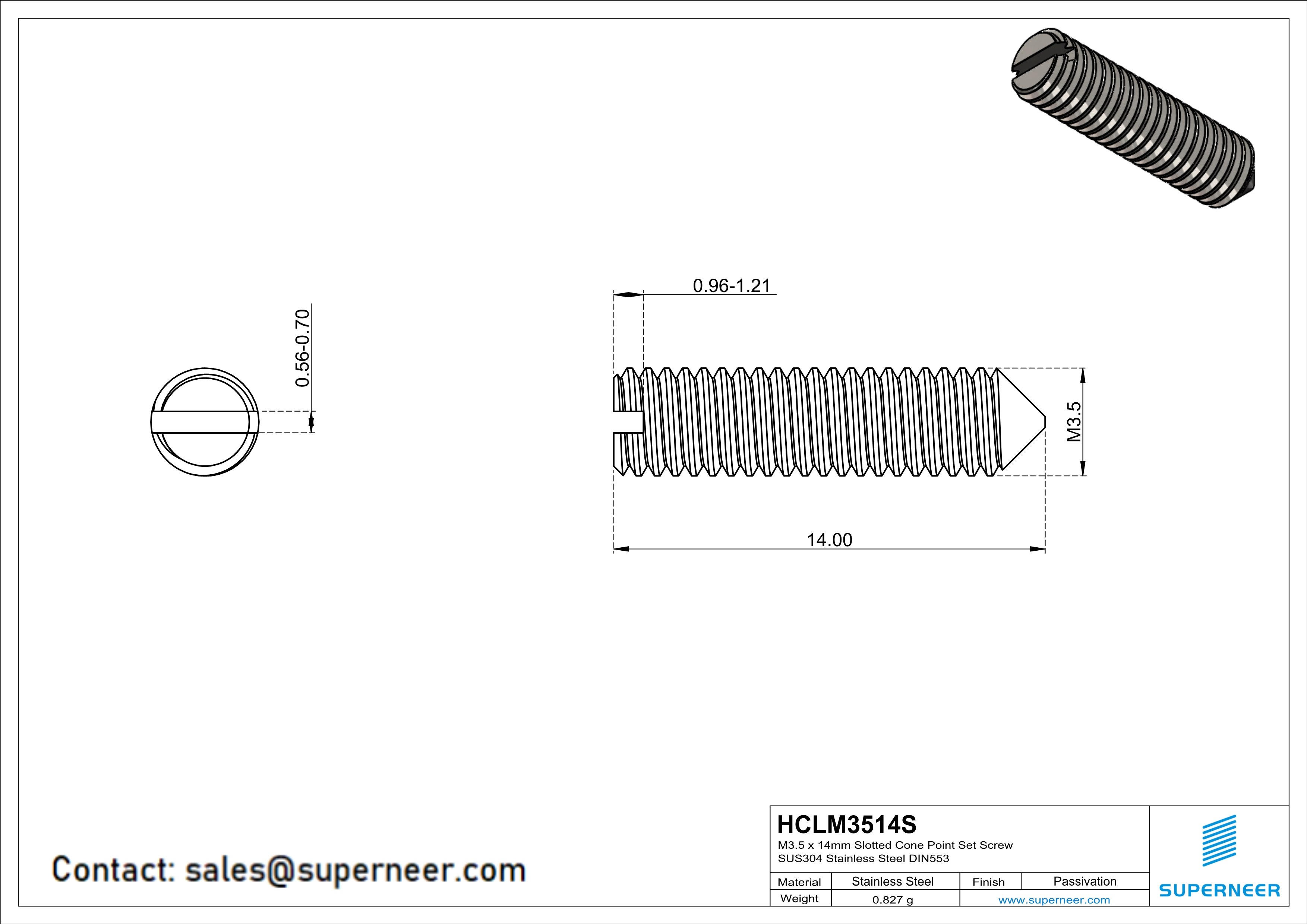 M3.5 x 14mm Slotted Cone Point Set Screw SUS304 Stainless Steel Inox DIN553