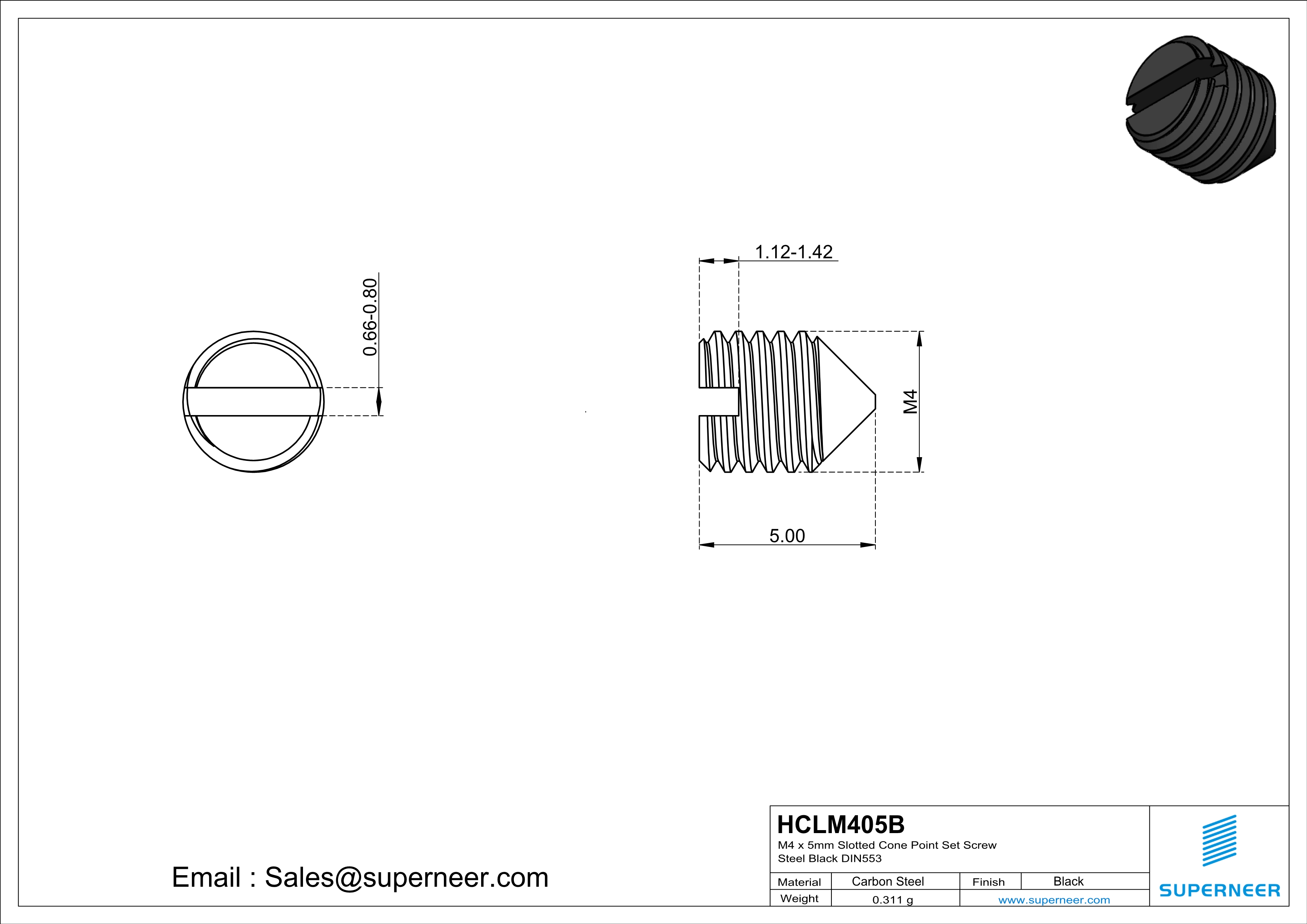 M4 x 5mm Slotted Cone Point Set Screw Steel Black DIN553