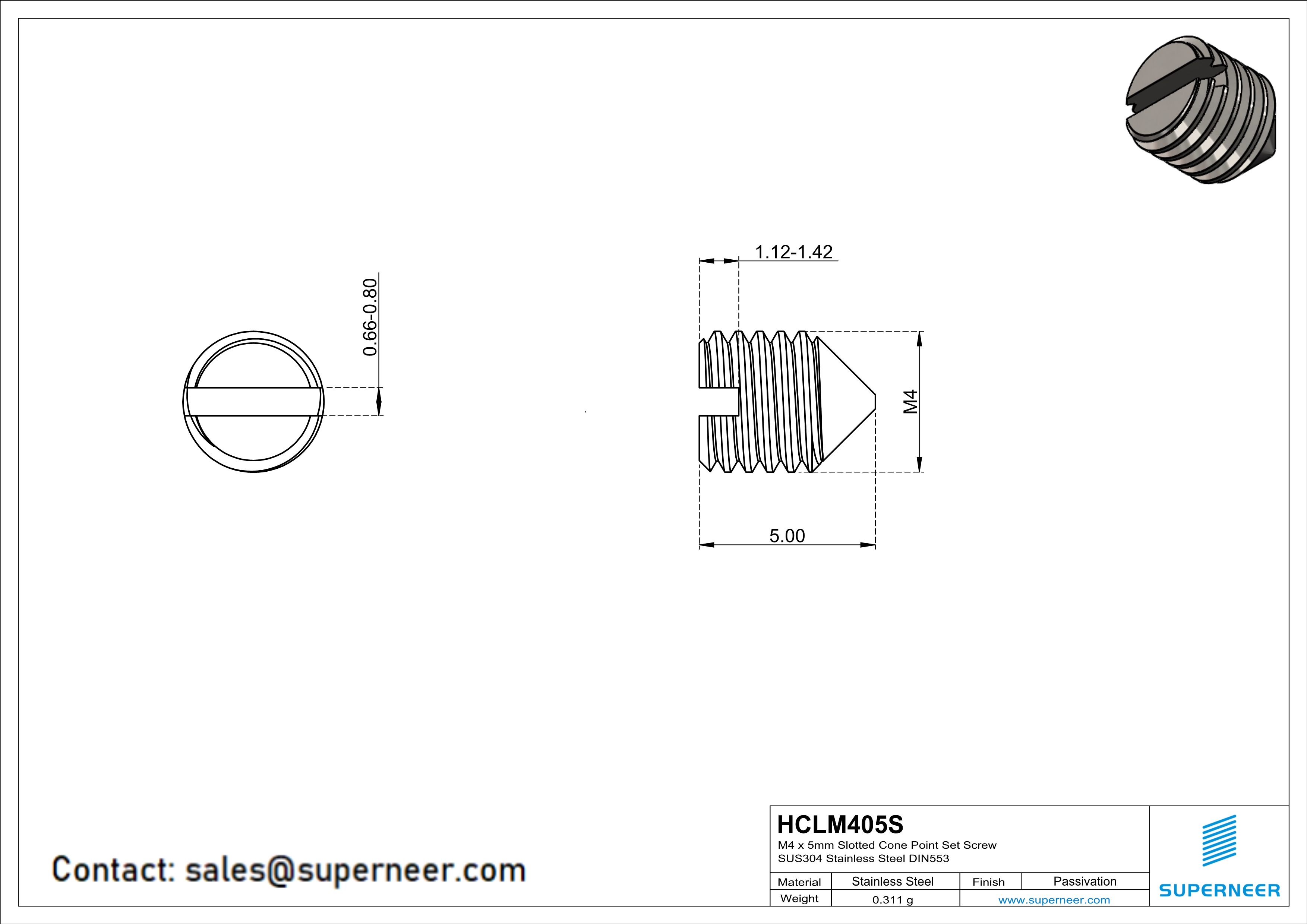 M4 x 5mm Slotted Cone Point Set Screw SUS304 Stainless Steel Inox DIN553