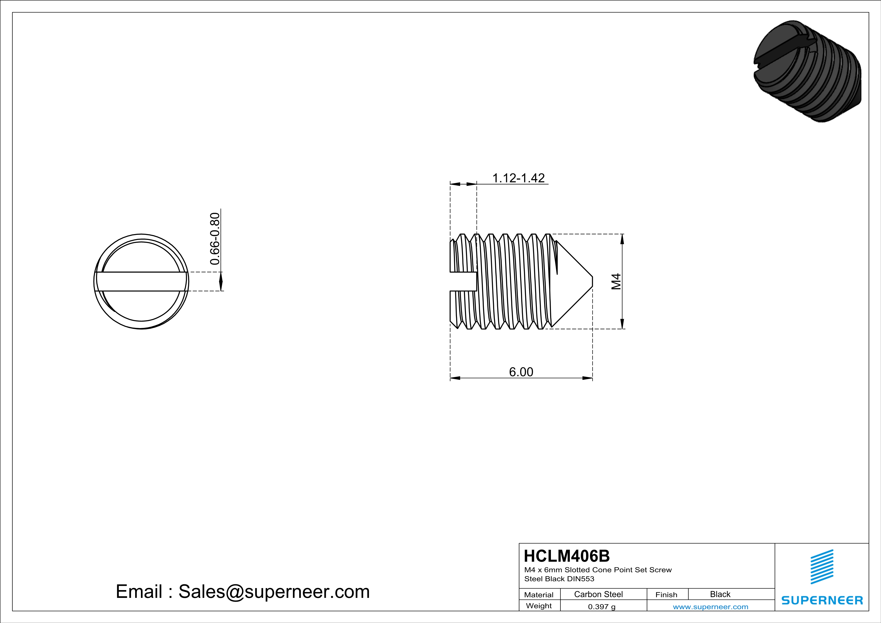 M4 x 6mm Slotted Cone Point Set Screw Steel Black DIN553