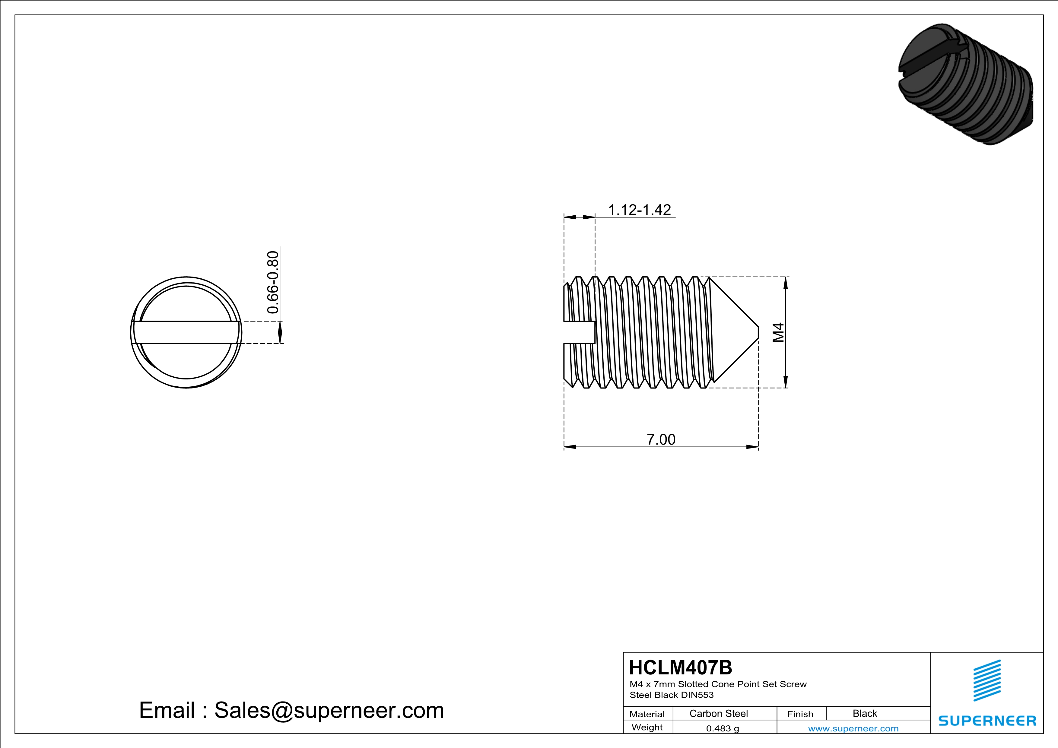 M4 x 7mm Slotted Cone Point Set Screw Steel Black DIN553