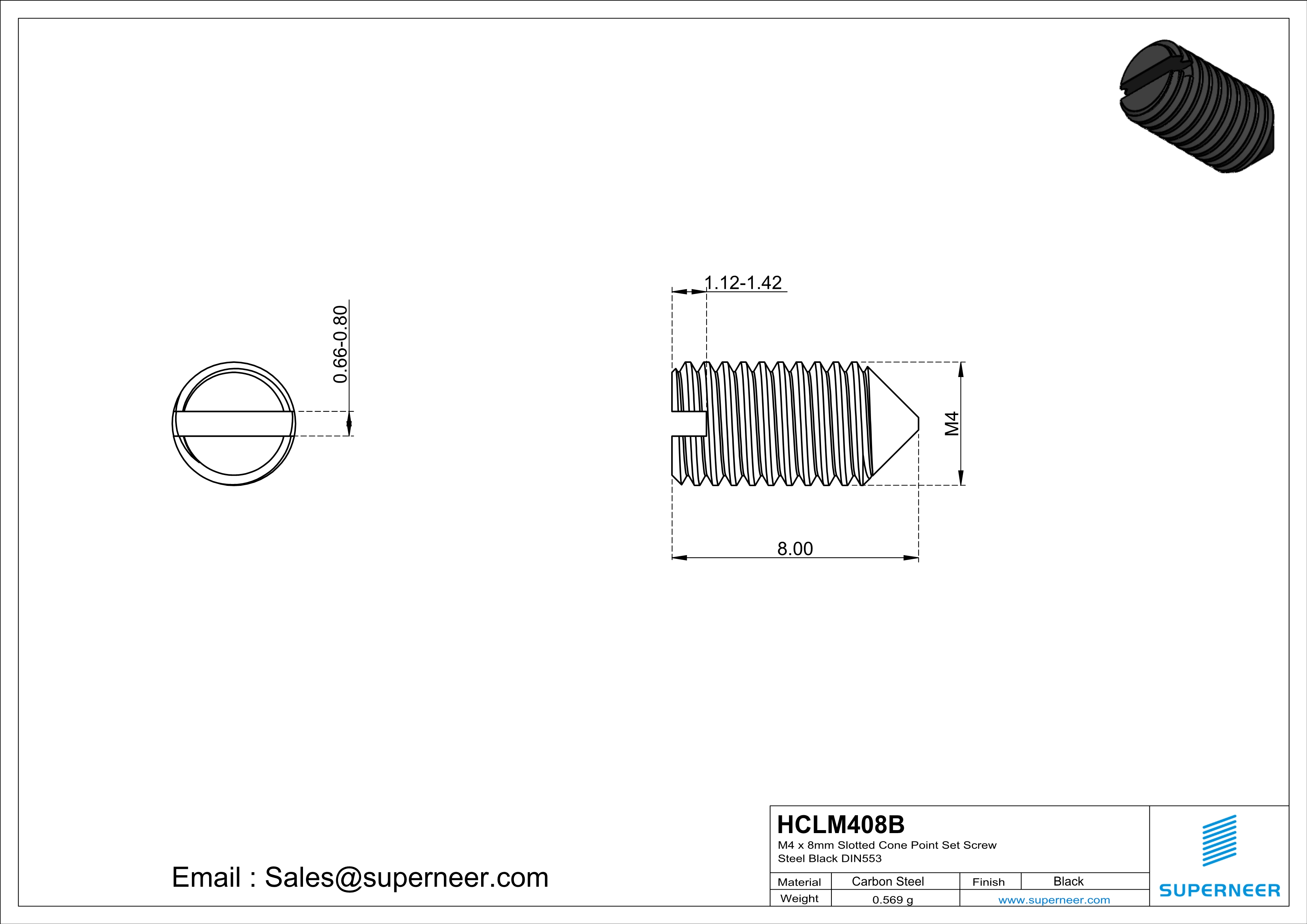 M4 x 8mm Slotted Cone Point Set Screw Steel Black DIN553