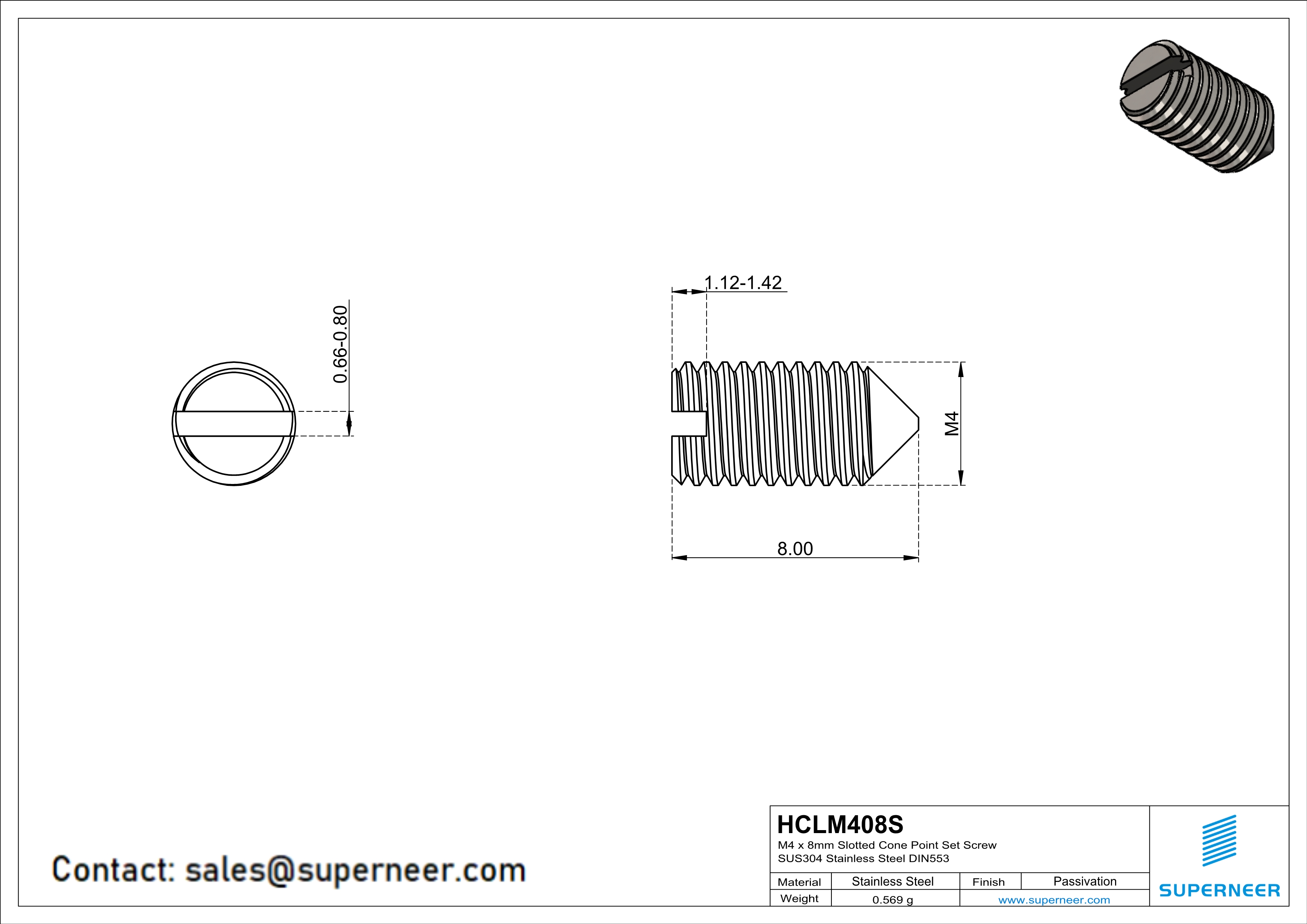 M4 x 8mm Slotted Cone Point Set Screw SUS304 Stainless Steel Inox DIN553