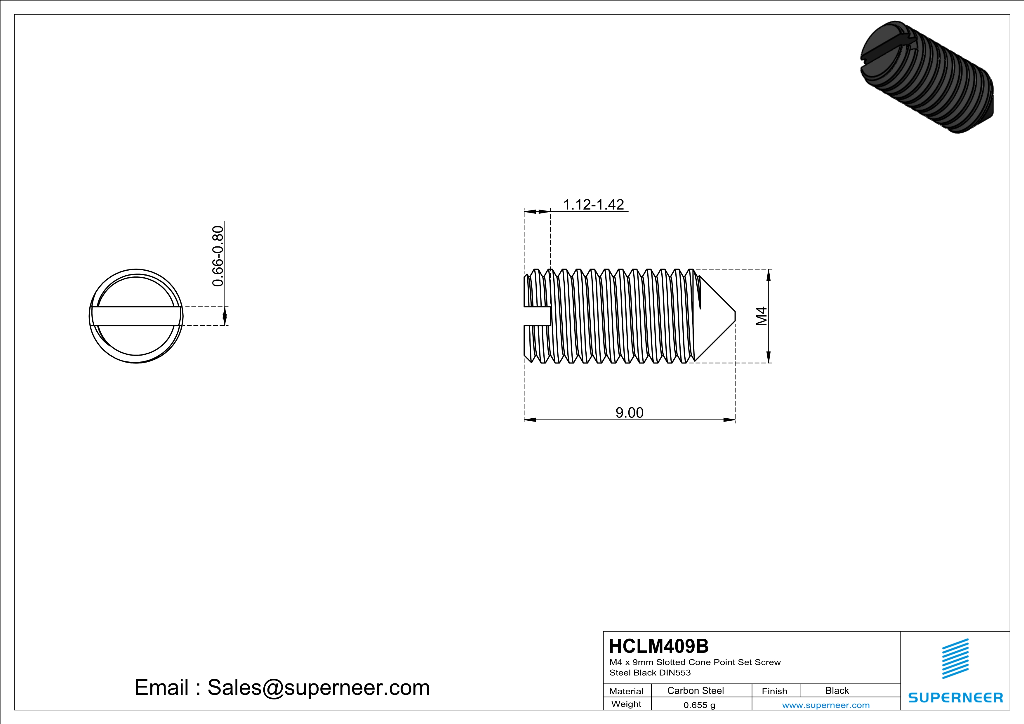 M4 x 9mm Slotted Cone Point Set Screw Steel Black DIN553