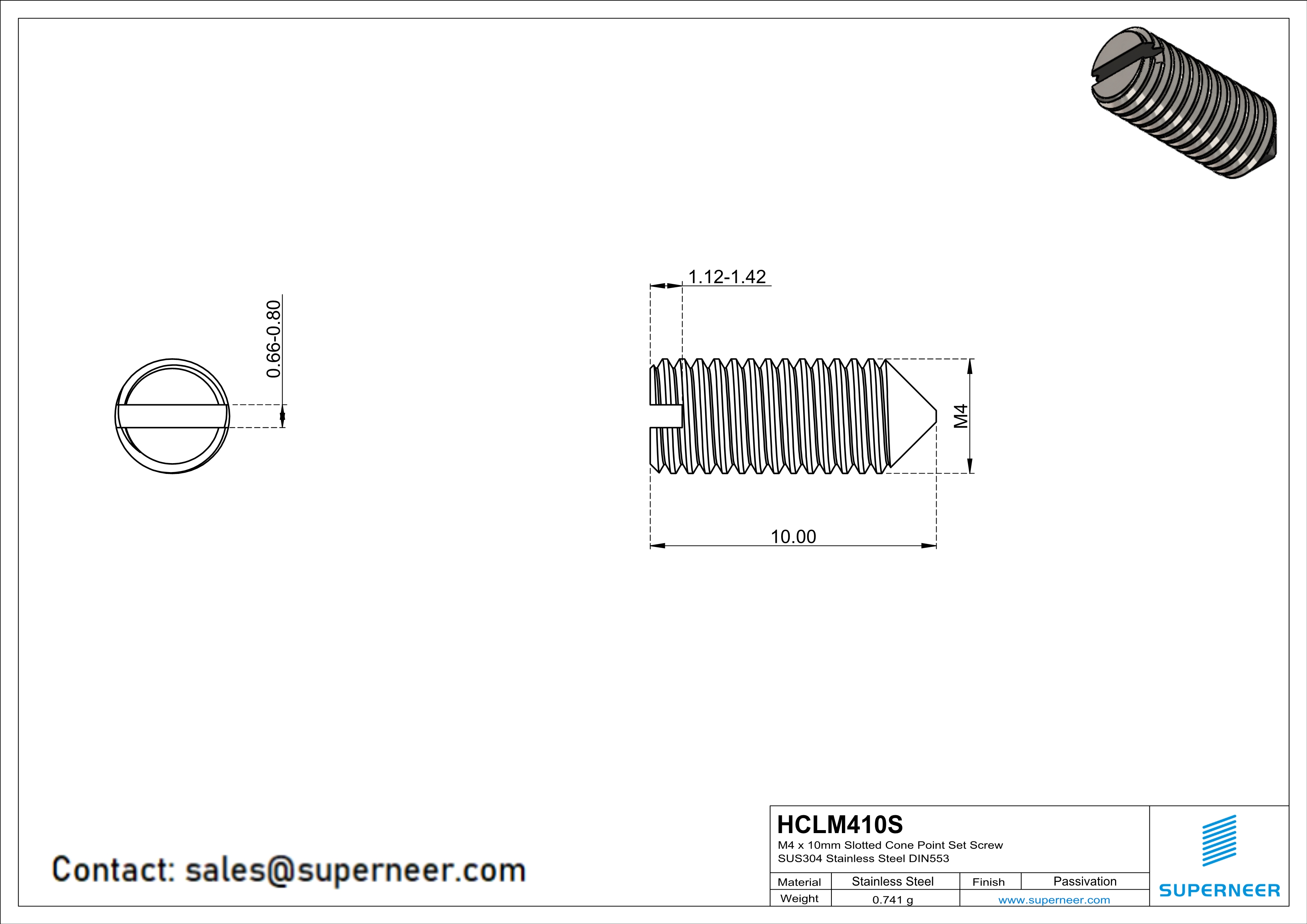 M4 x 10mm Slotted Cone Point Set Screw SUS304 Stainless Steel Inox DIN553