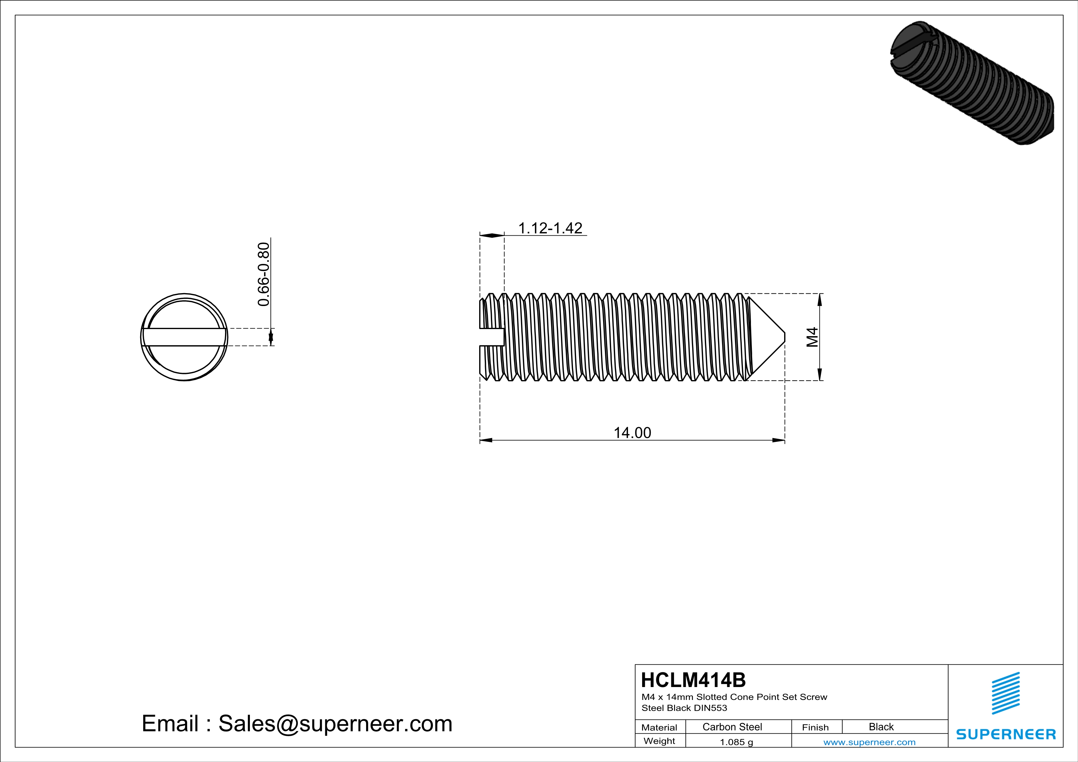 M4 x 14mm Slotted Cone Point Set Screw Steel Black DIN553