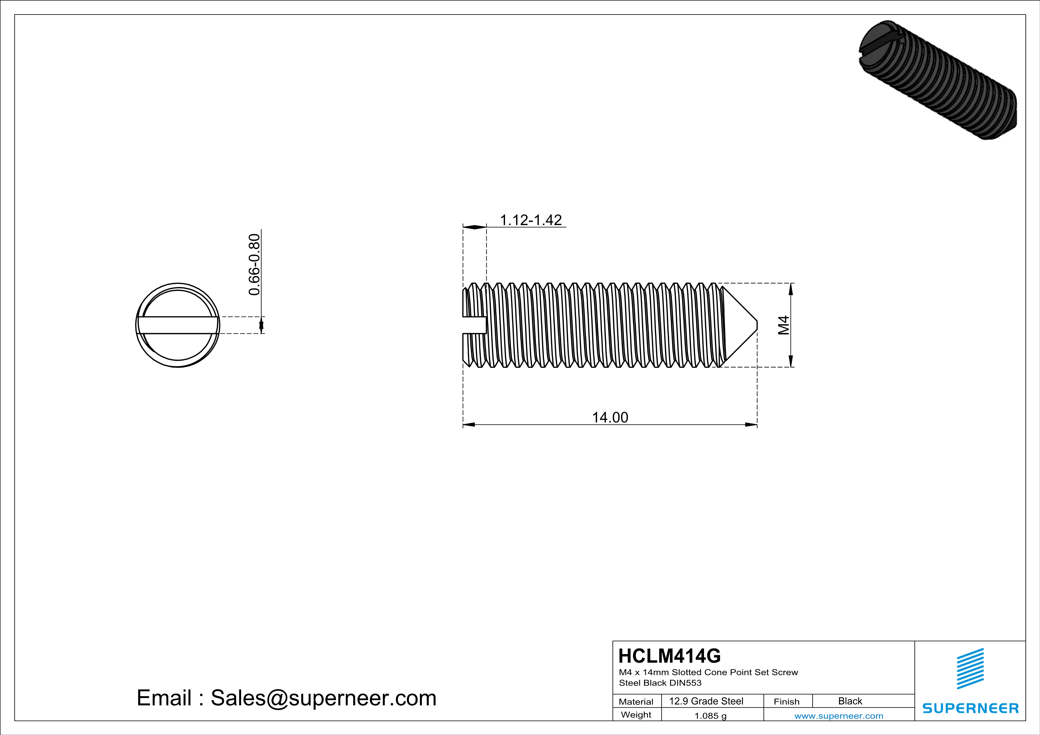 M4 x 14mm Slotted Cone Point Set Screw 12.9 Carbon Steel Black DIN553